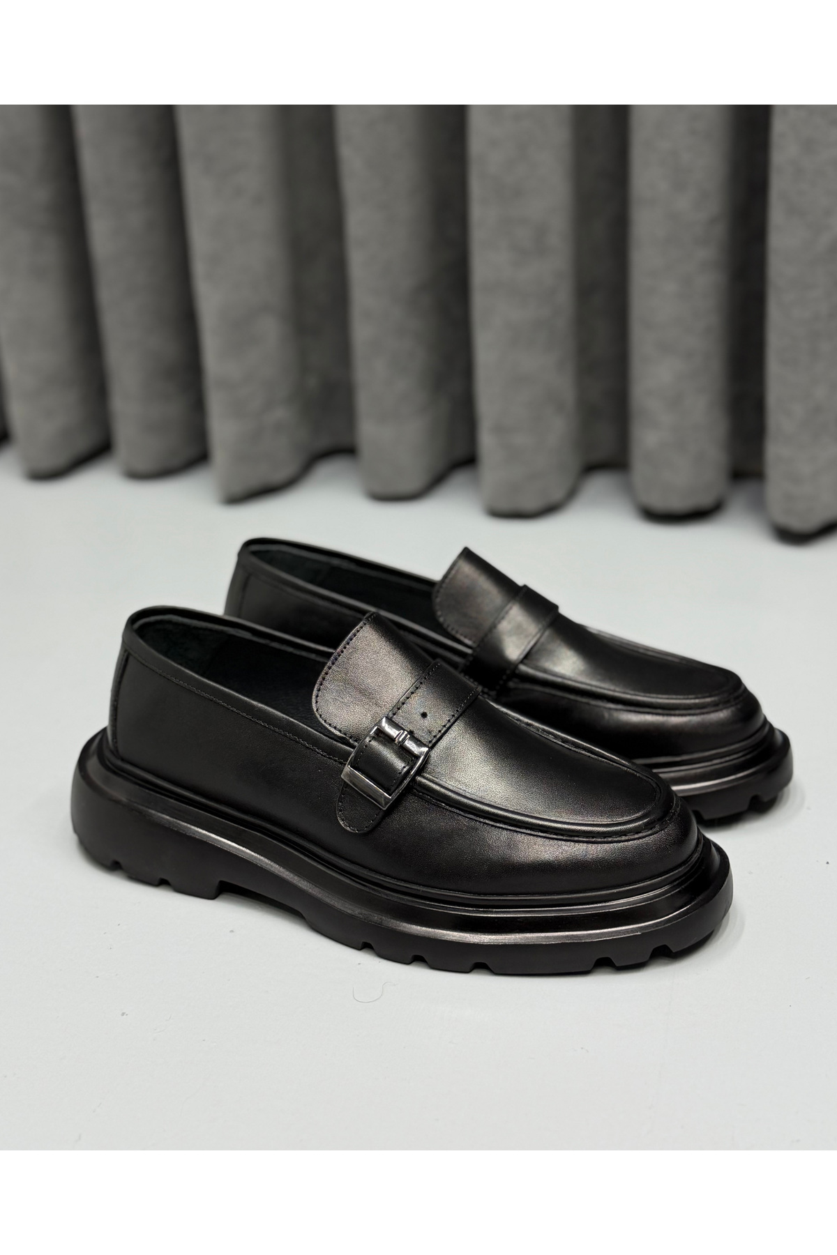Avni Ceylan Erkek Hakiki Deri Metal Tokalı Kalın Taban Günlük & Klasik Loafer Ayakkabı, Siyah / Kahve görsel 2