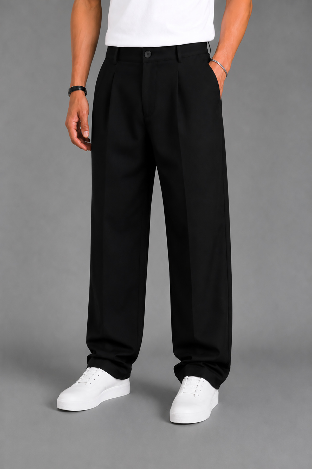 Montivo Men's Black Modern Cut Pleated Wide Leg Fabric Trousers