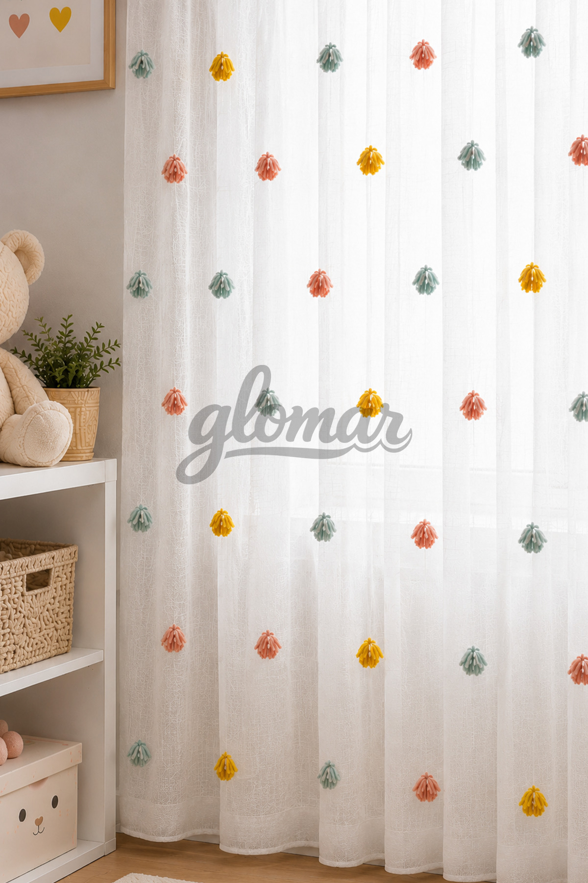 Linen Pompom Colorful Polka Dot Tulle Curtain Plain Pile-Free Extra Wrought Iron