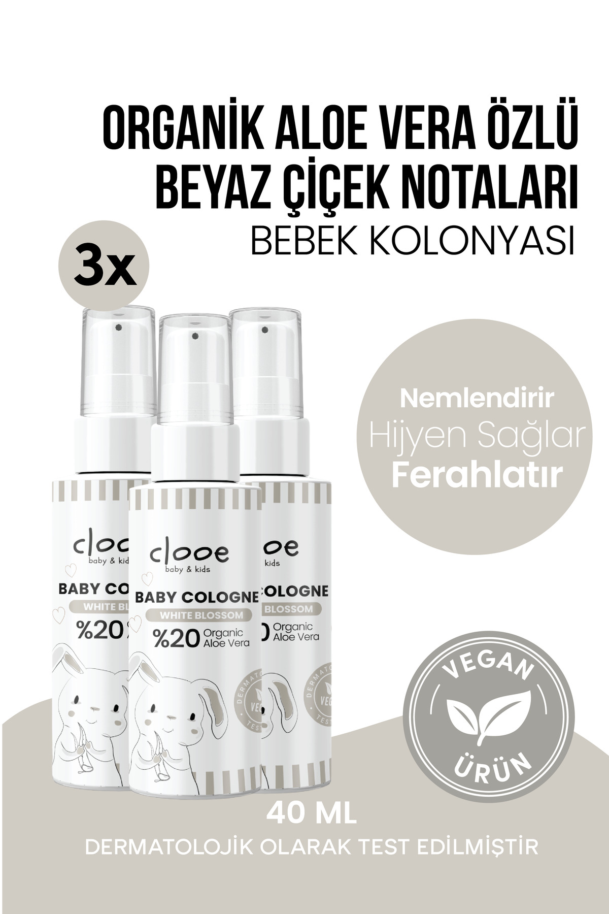 clooe 3'lü Bebek Kolonyası White Blossom 40 ml - Beyaz Çiçek Notalı - Organik Aloe Vera Özlü - Vegan - Hızlı Kuruyan — PKA071