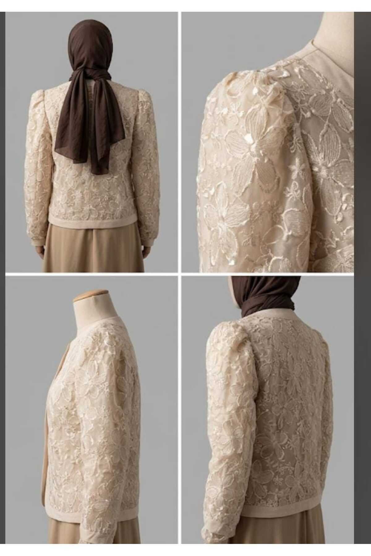yussewear YW Kadın Çiçek Kabartmalı Şık Tüllü Tasarım Ceket görsel 2