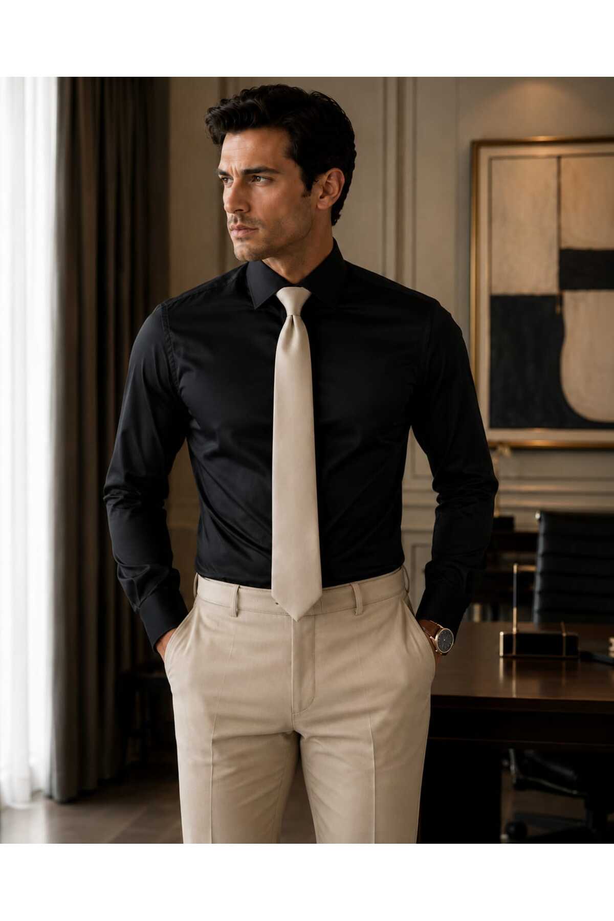 YNGMENCLASS Slim Fit Italian Cut, Quick-Ironing, Lightweight Cotton Texture, Stiff Collar, Can Be Weared under a Tie or Suit, Slightly Shiny, Satin Pocketless Men's Shirt