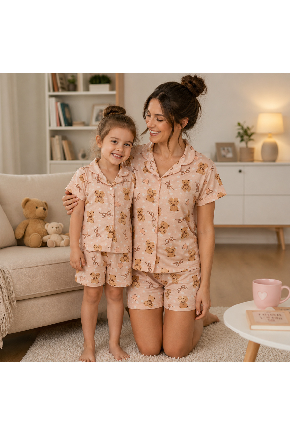 ARN HOMEWEAR ayıcık ve kalp desenli pamuklu anne kız pijama takımı ( bir ürün fiyatıdır) görsel 2