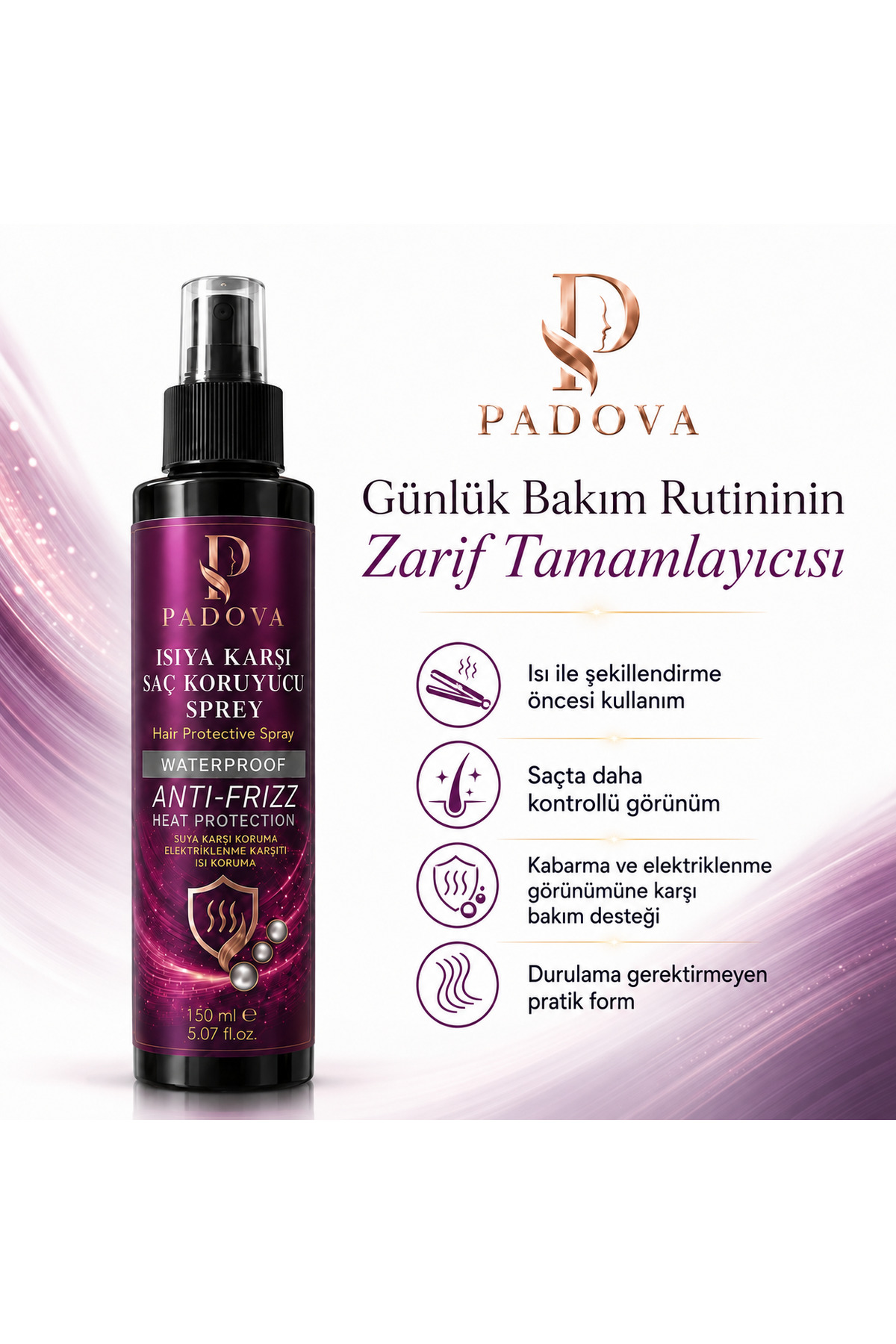 Padova Beauty Isıya Karşı Saç Koruyucu Sprey 150 ml Anti-Frizz Elektriklenme Karşıtı Saç Bakım Spreyi — PDV-IKS-150