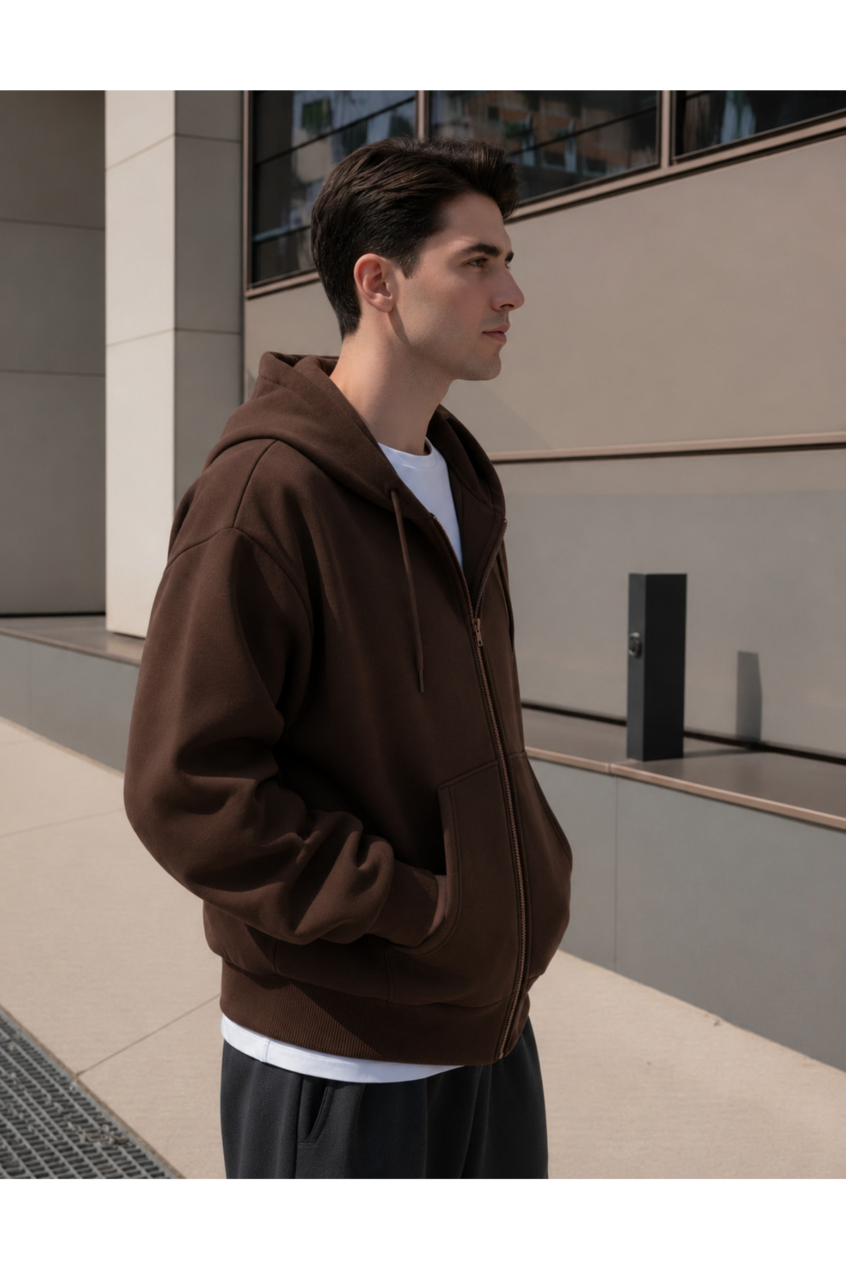 YAKAMEL ERKEK 3 İPLİK FERMUARLI KAPÜŞONLU OVERSİZE RAHAT SWEATSHIRT HIRKA görsel 3