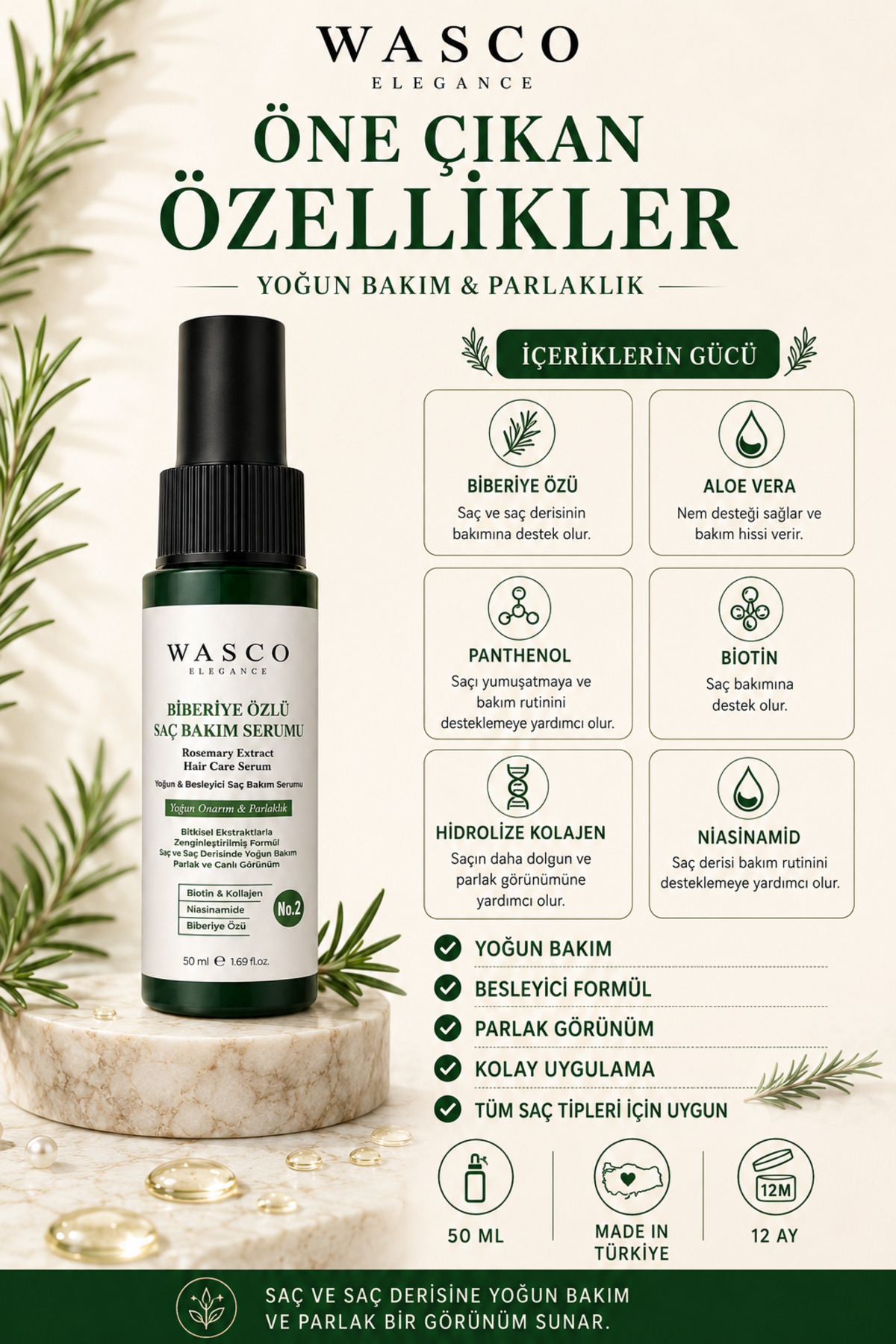 Biberiyeli Saç Bakım Serumu 50 ml | Biberiye, Kafein, Biotin ve Kolajen İçeren Besleyici Saç & Saç Derisi Bakımı — wascobiberiyeserum — تصویر 7 از 8
