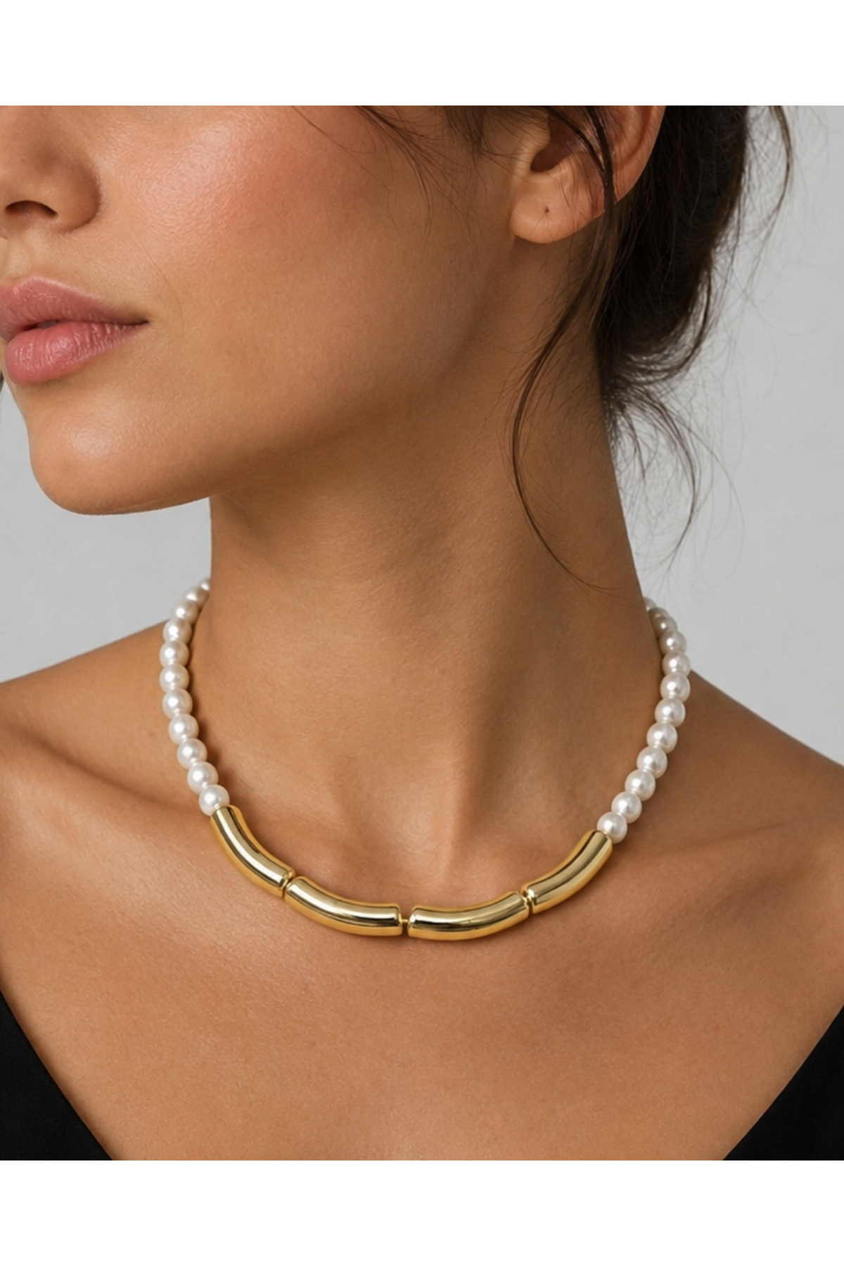 İnci Detaylı gold Boru Şık Kadın Choker Kolye