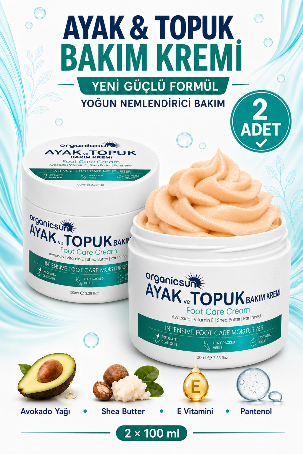 Organicsun Ayak ve Topuk Çatlak Bakım Kremi 100ml x 2 Adet - Ayak Kokusu, Tırnak Bakımı Avokado ve Shea Yağlı — 4500.2