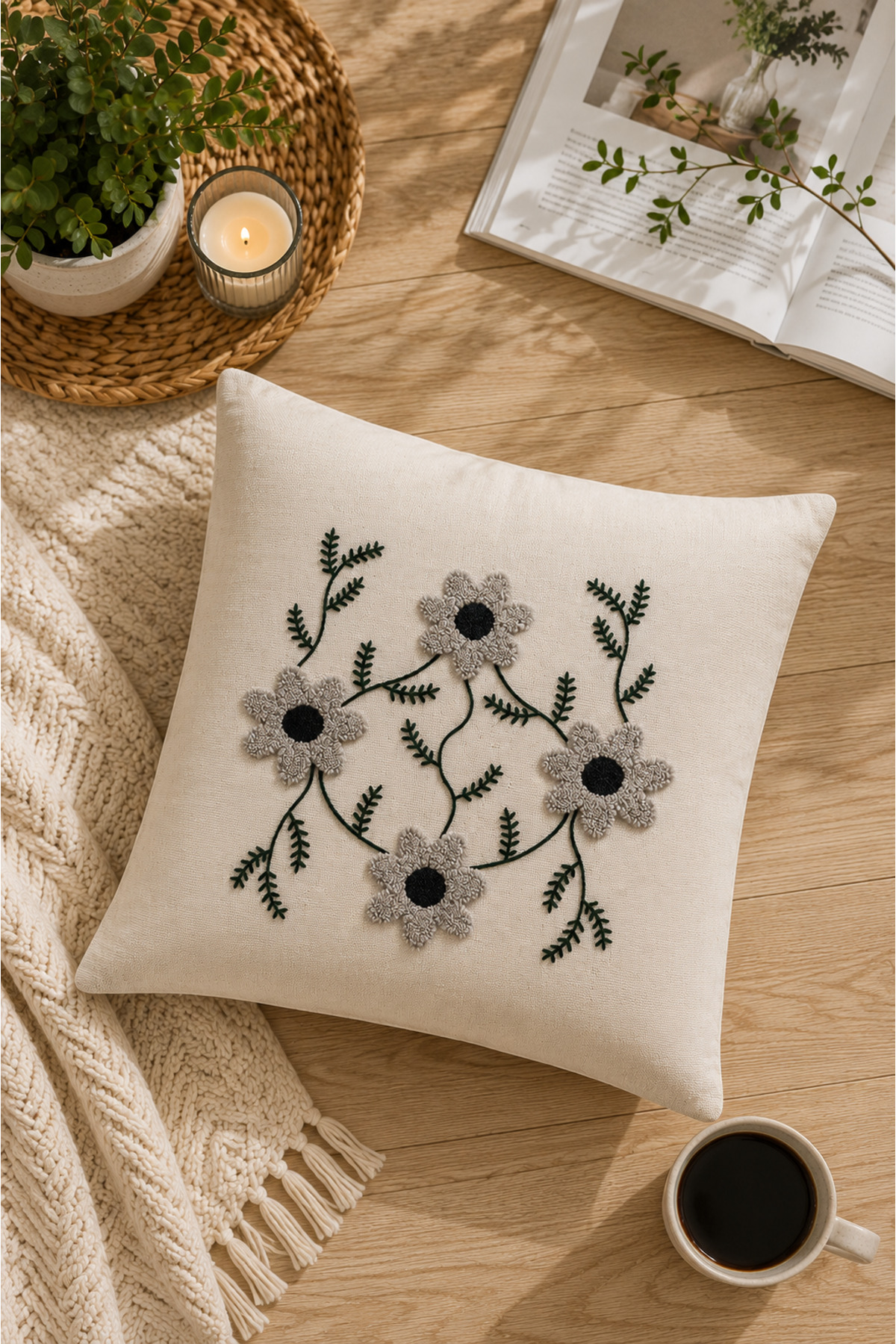 Dekoratif Punch Kırlent Kılıfı Keten Kumaş Gizli Fermuarlı 43x43