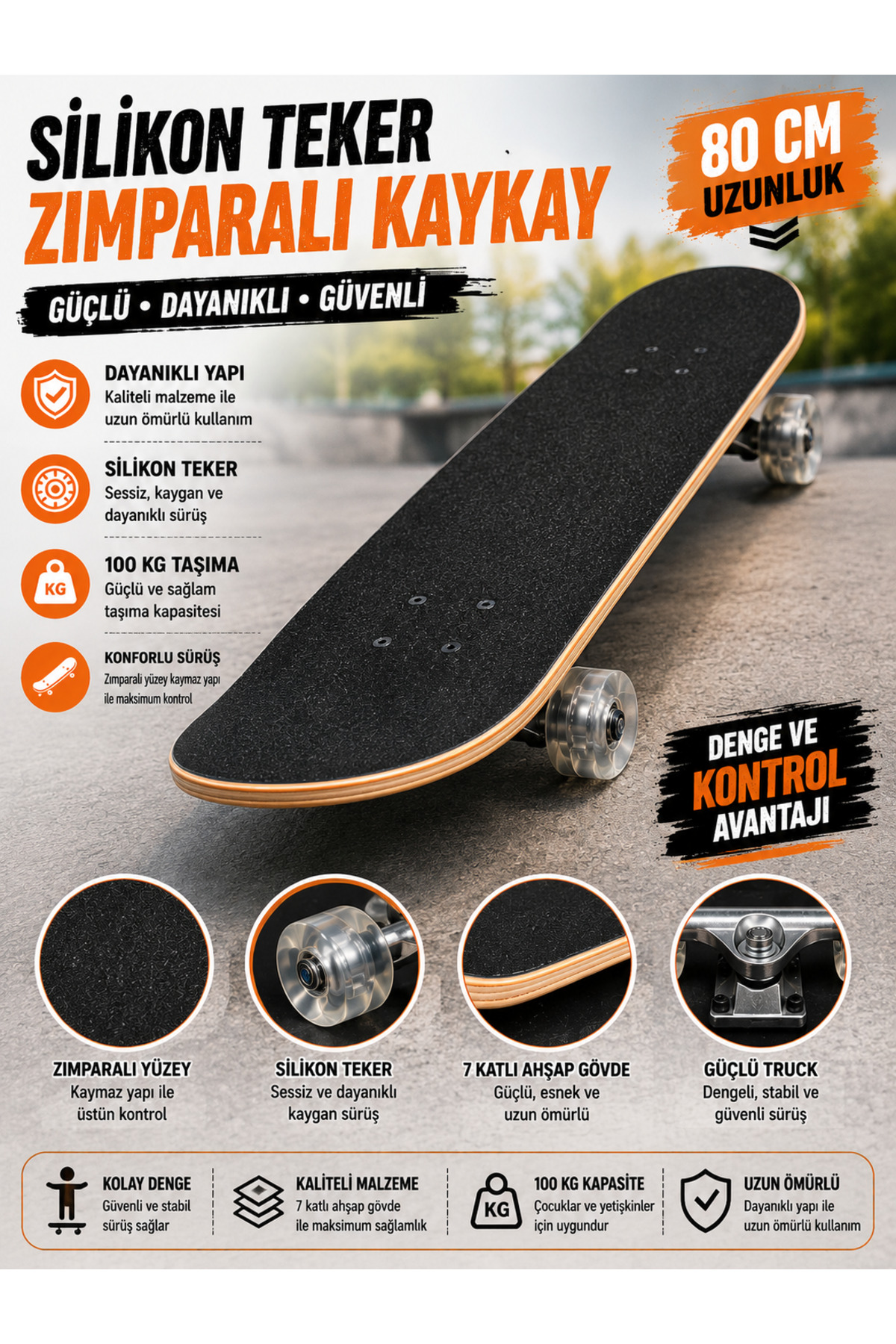 KAYR22商品で御座います。 Erzi 80 cm Silikon Teker Zımparalı Kaykay – 100 Kg Taşıma