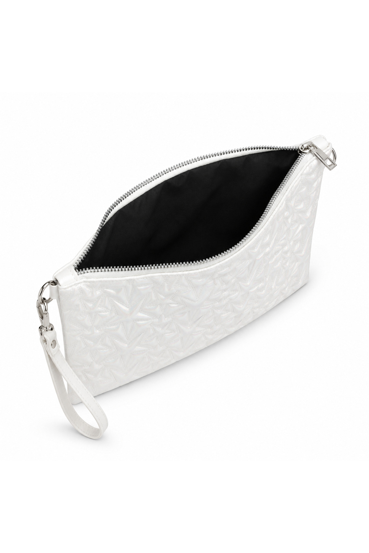 Genel Markalar Yüksek Kalite Kadın Beyaz Yıldız Desenli Holografik Portföy Çanta Clutch– Yıldız Desenli, Bilek Askılı, Fermuarlı ZİNCİR HEDİYELİ görsel 2