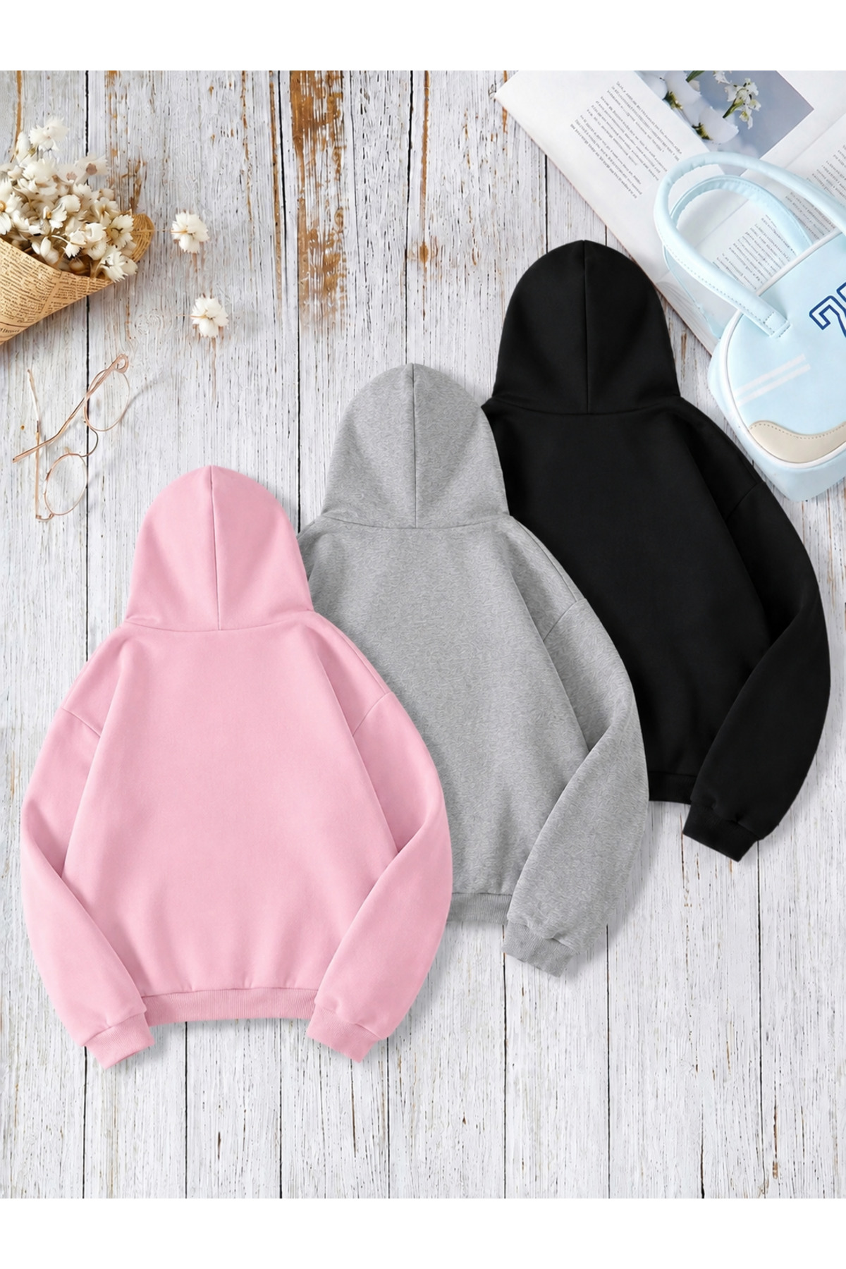 SANTAMİLA 3’lü Pembe Gri Siyah Kapüşonlu Oversize Sweatshirt görsel 2