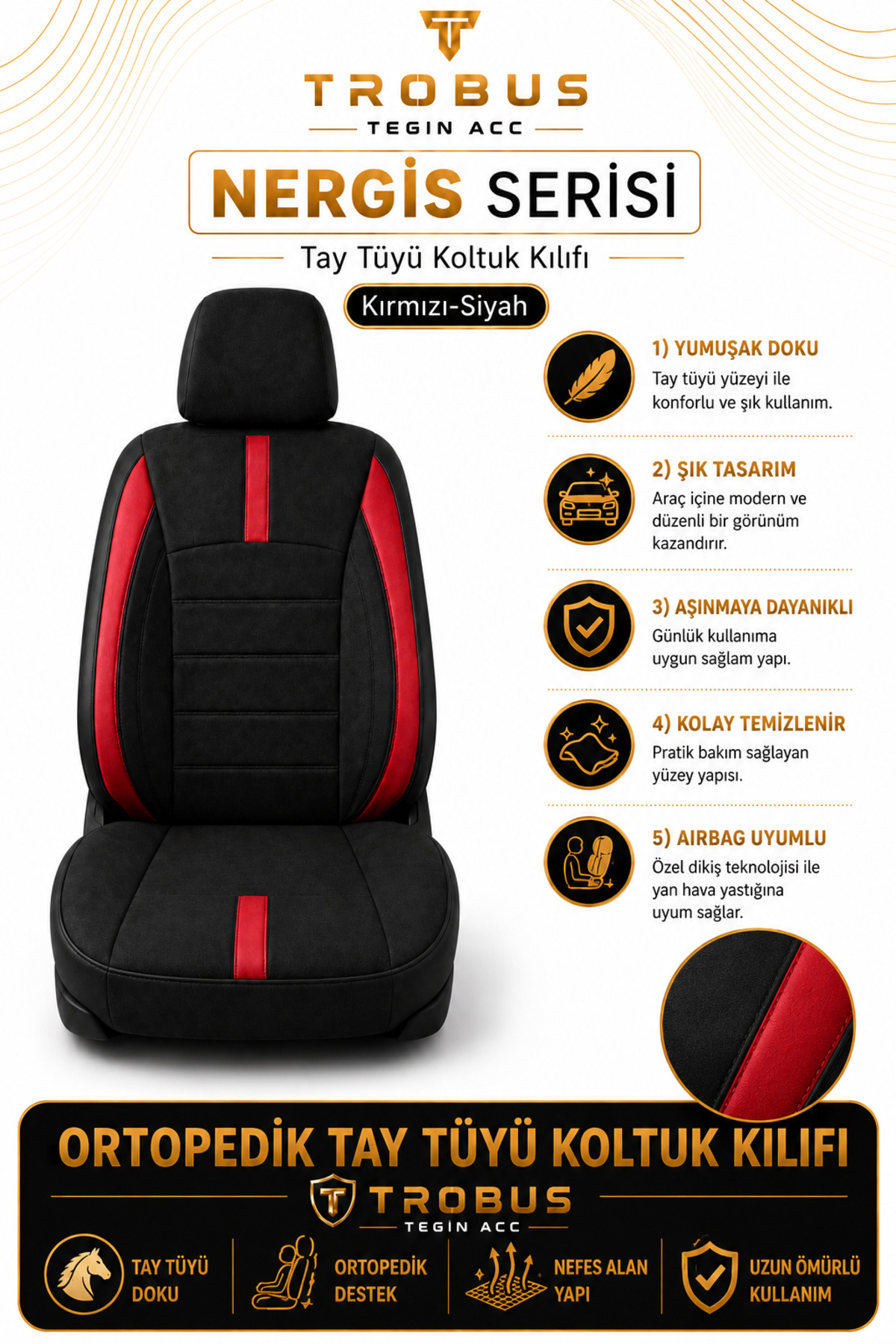 Renault Fluence 2009–2016 Uyumlu - Tay Tüyü Orta + Lacost Kenar, 8 mm Süngerli Oto Koltuk Kılıfı Kırmızı Siyah (2 cm Yan Destek) — alternatif görsel