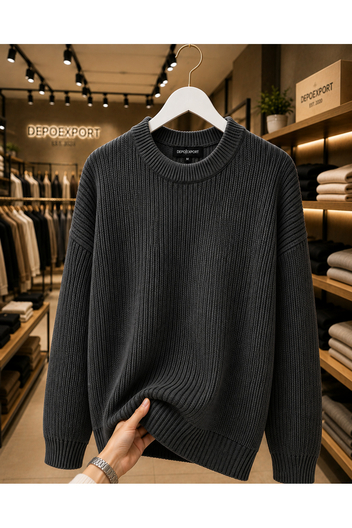 DepoExport Erkek Premium Oversize Yumuşak Bisiklet Yaka Triko Kazak