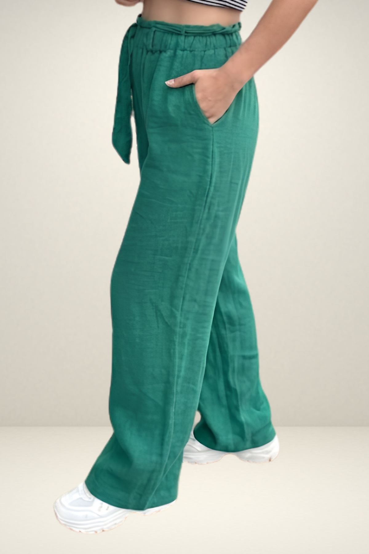 Pamuk Keten Karışımlı Beli Lastikli Kuşaklı Bol Paça Pantolon