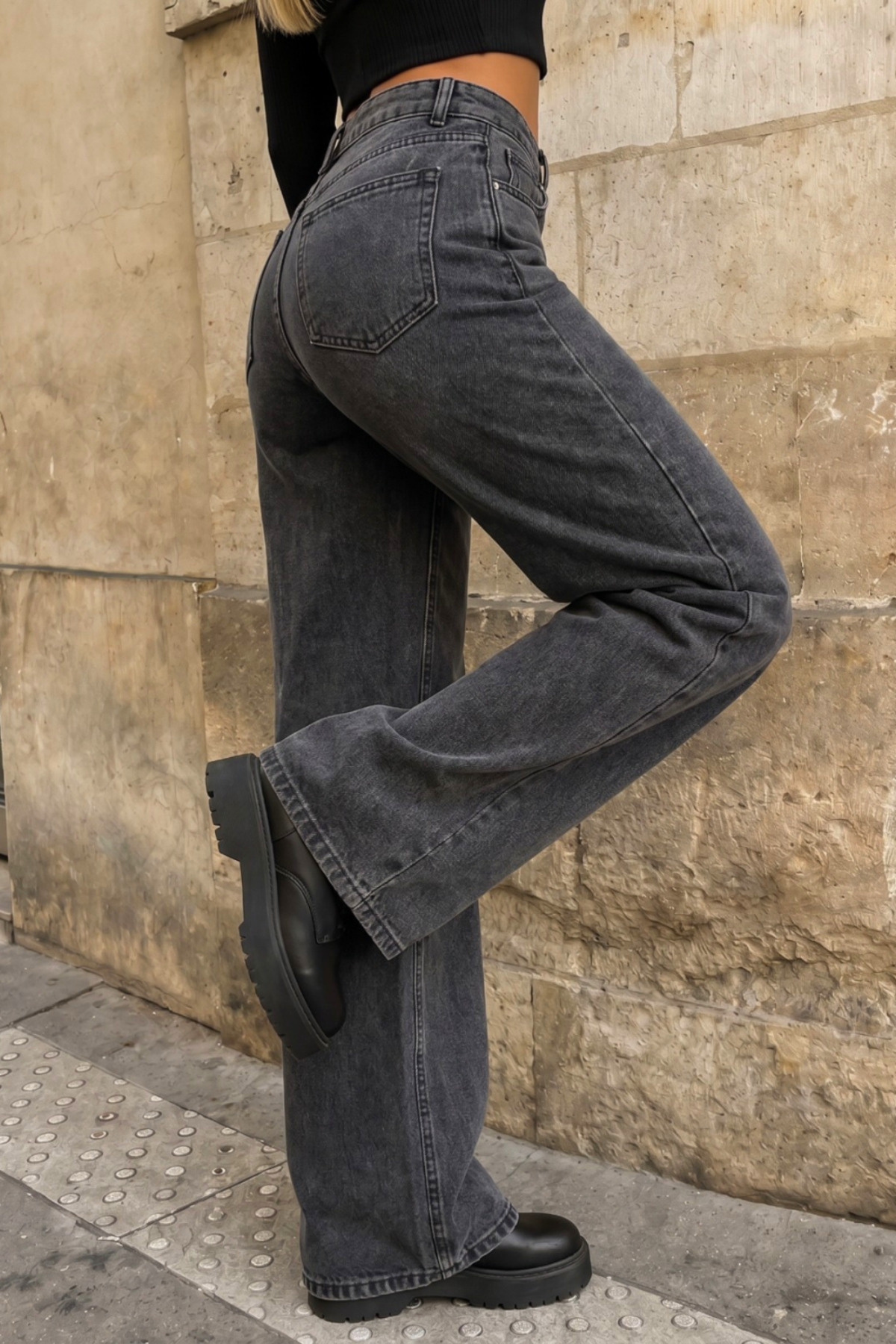 Füme Yüksek Bel Wide Leg Bol Paça Palazzo Kot Pantolon 4