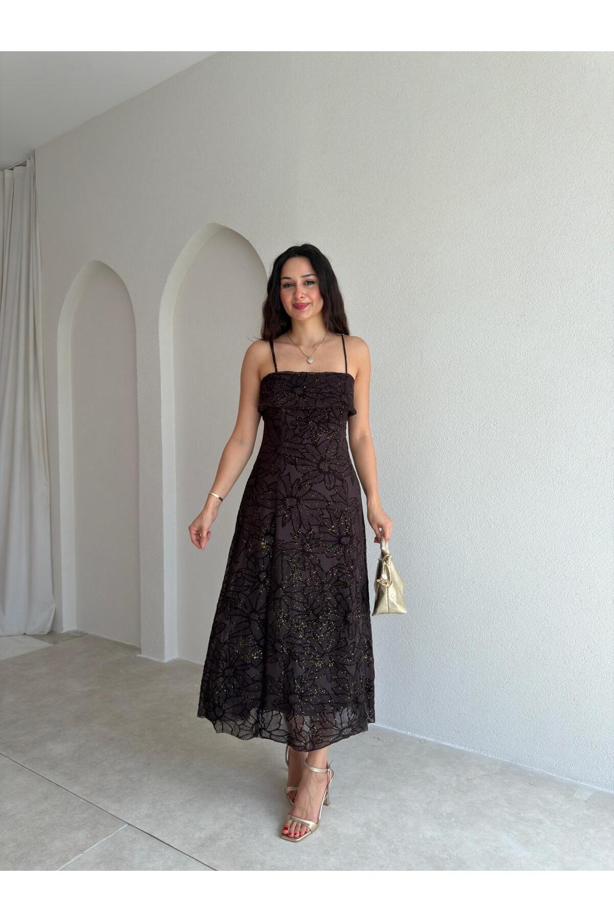 Mooi Butik AEMON Simli Desenli Midi Elbise 4057 - Acı Kahve