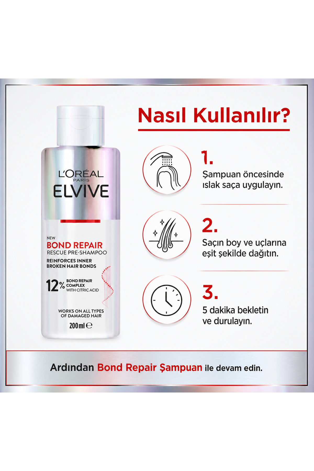 Elvive Bond Repair Şampuan Öncesi Kurtarıcı Onarıcı Bakım 200 ml — 3600524087593 — تصویر 3 از 7