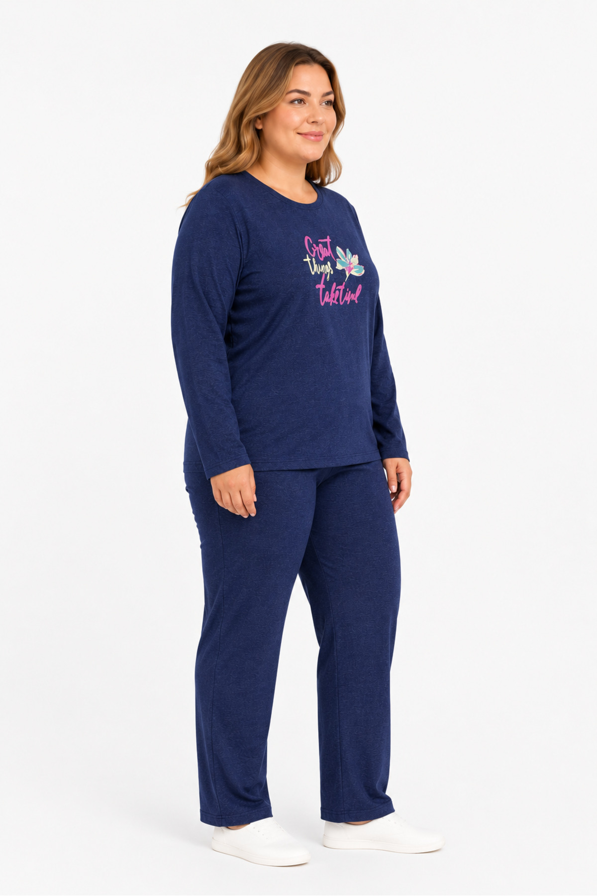 FAMES PİJAMA Büyük Beden Mevsimlik Great Things Desen Lacivert Pijama Takımı görsel 4