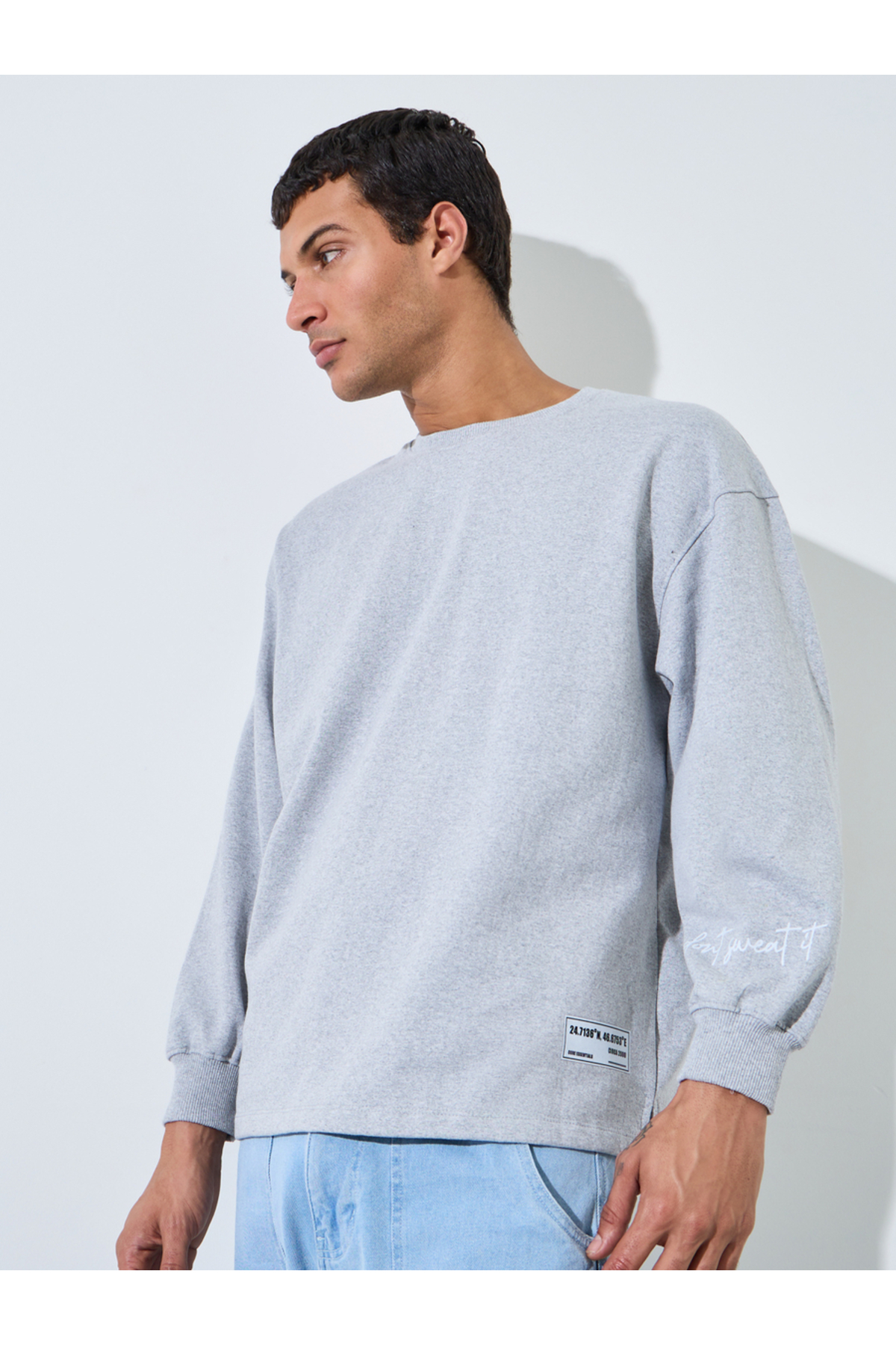 Styli Grey Slogan Print Longline Boxy Sweatshirt with Slide Slit