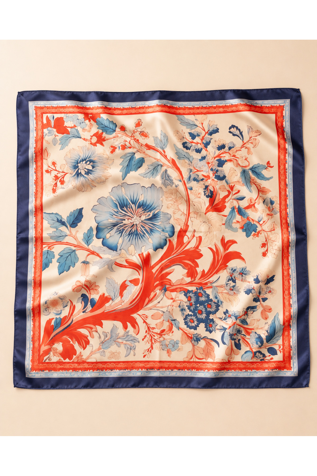 OUS Kadın Mercan Çiçek Desenli 50x50 cm Saten Fular, Lacivert Kenarlı İpeksi Dokulu Kare Boyun Saç ve Çanta Aksesuarı görsel 5