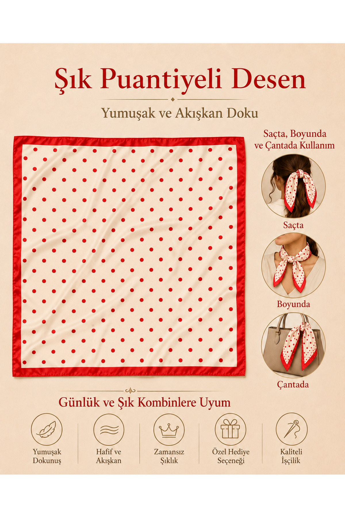 OUS Kadın Puantiyeli 50x50 cm Saten Fular, Kırmızı İpeksi Dokulu Kare Boyun Saç ve Çanta Aksesuarı görsel 4