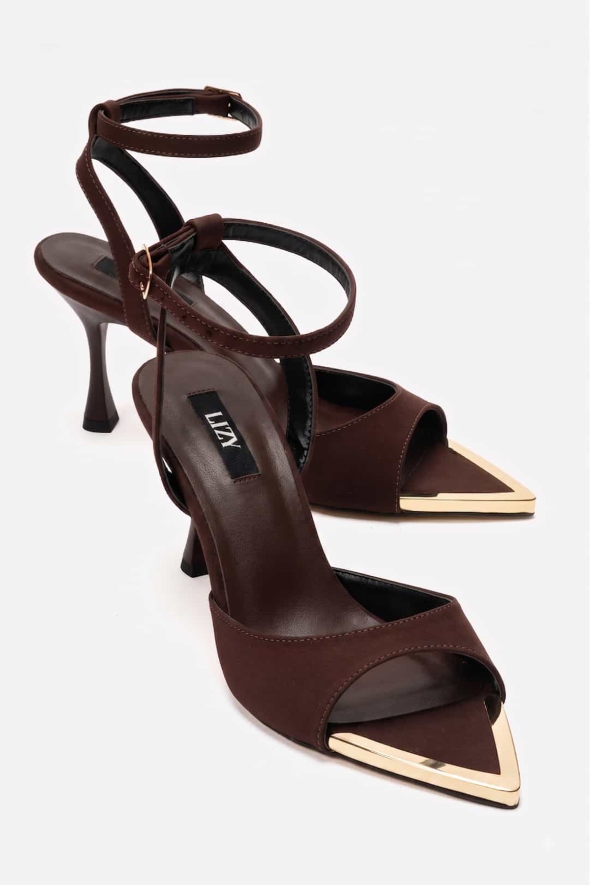 Lizy Shoes Saten Kahverengi 8 cm. İnce Topuklu Bilekten Bağlamalı Şık Abiye Sandalet