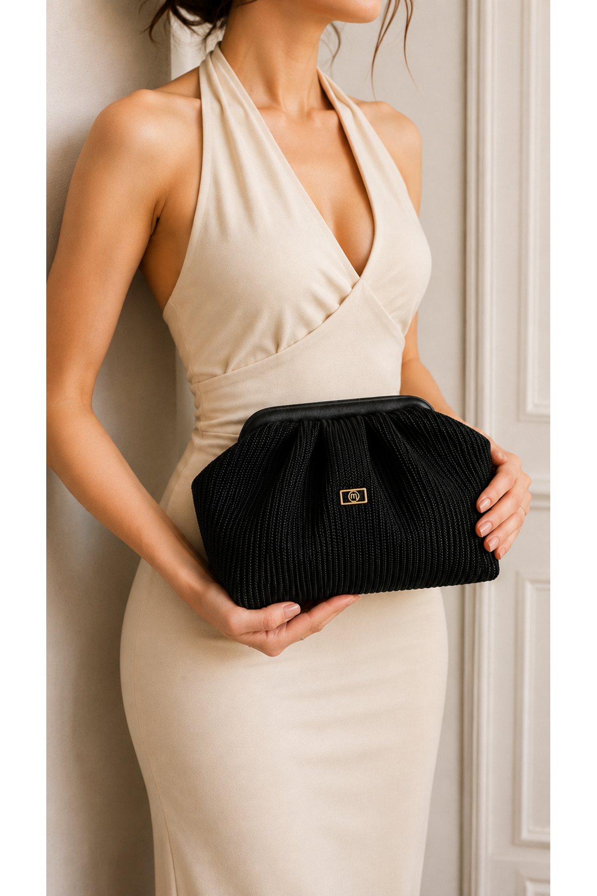 Mimoza Kadın Siyah Hasır Görünümlü Suni Deri Portföy ve Clutch Çanta görsel 2