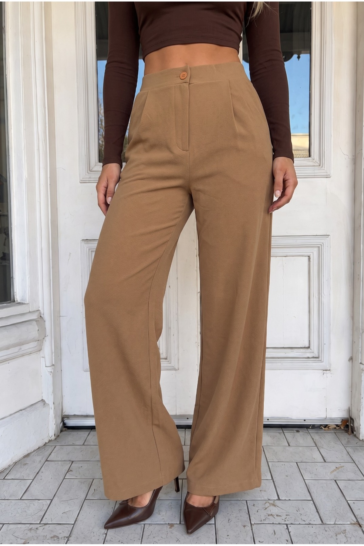 Kadın Taba Rahat Kesim Bol Paça Likra Pantolon Kahverengi 4