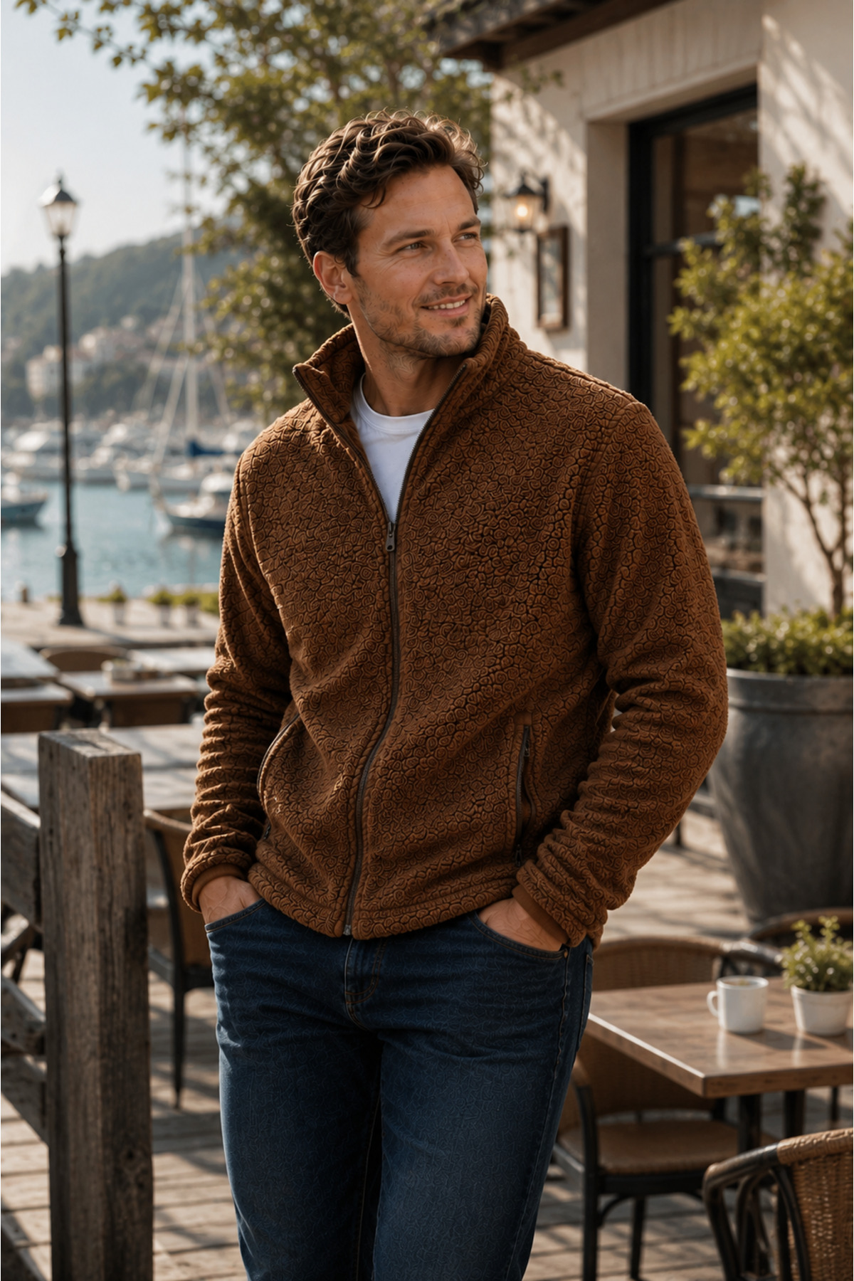 Erkek Peluş polar Slim Fit Dik Yaka Fermuarlı Cepli Günlük Spor Ceket — قهوه‌ای l2139081289 — تصویر 7 از 8