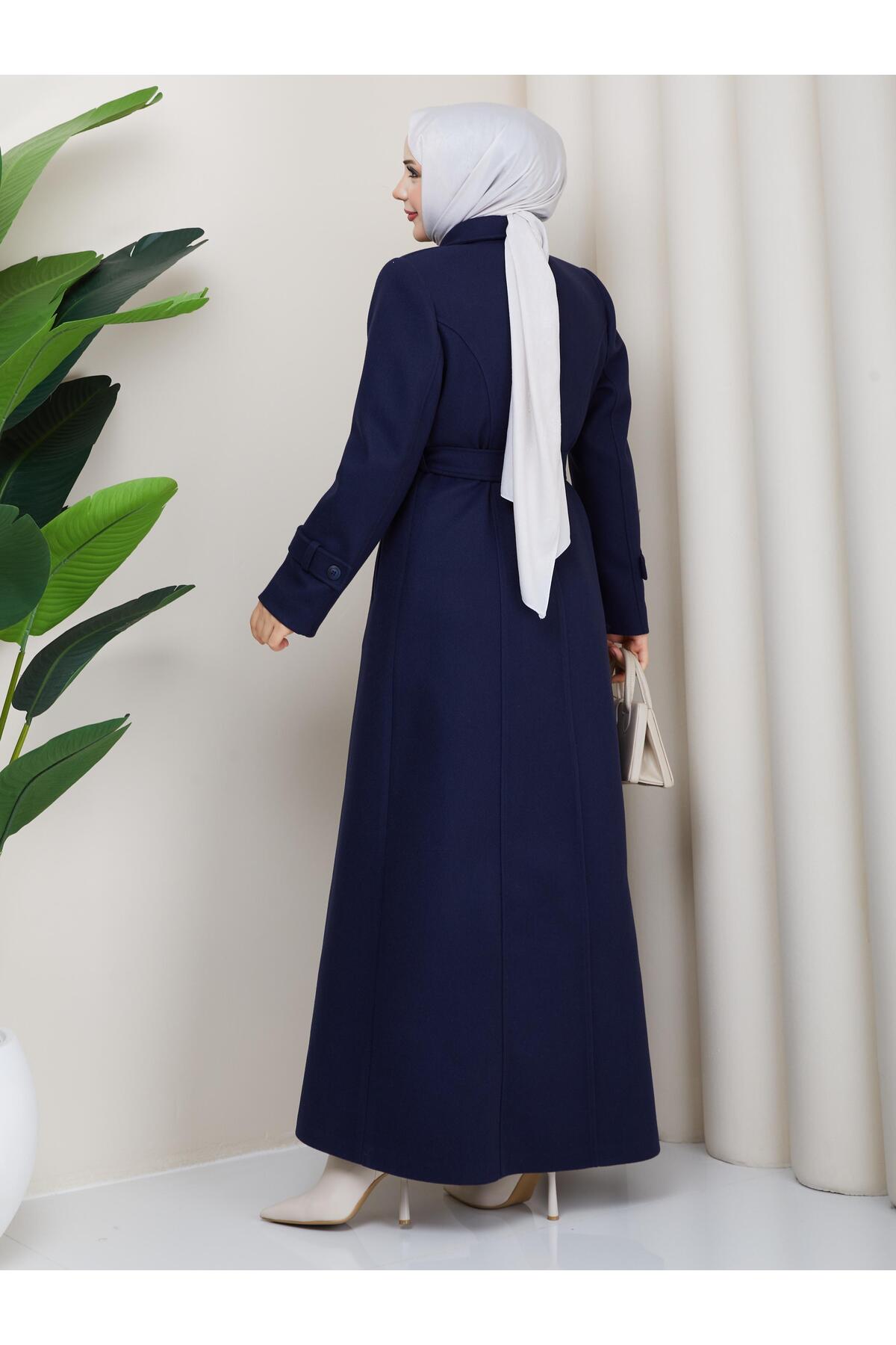 moda asmila Kruvaze Pelerin Detaylı Tam Boy Kaşe Manto görsel 7