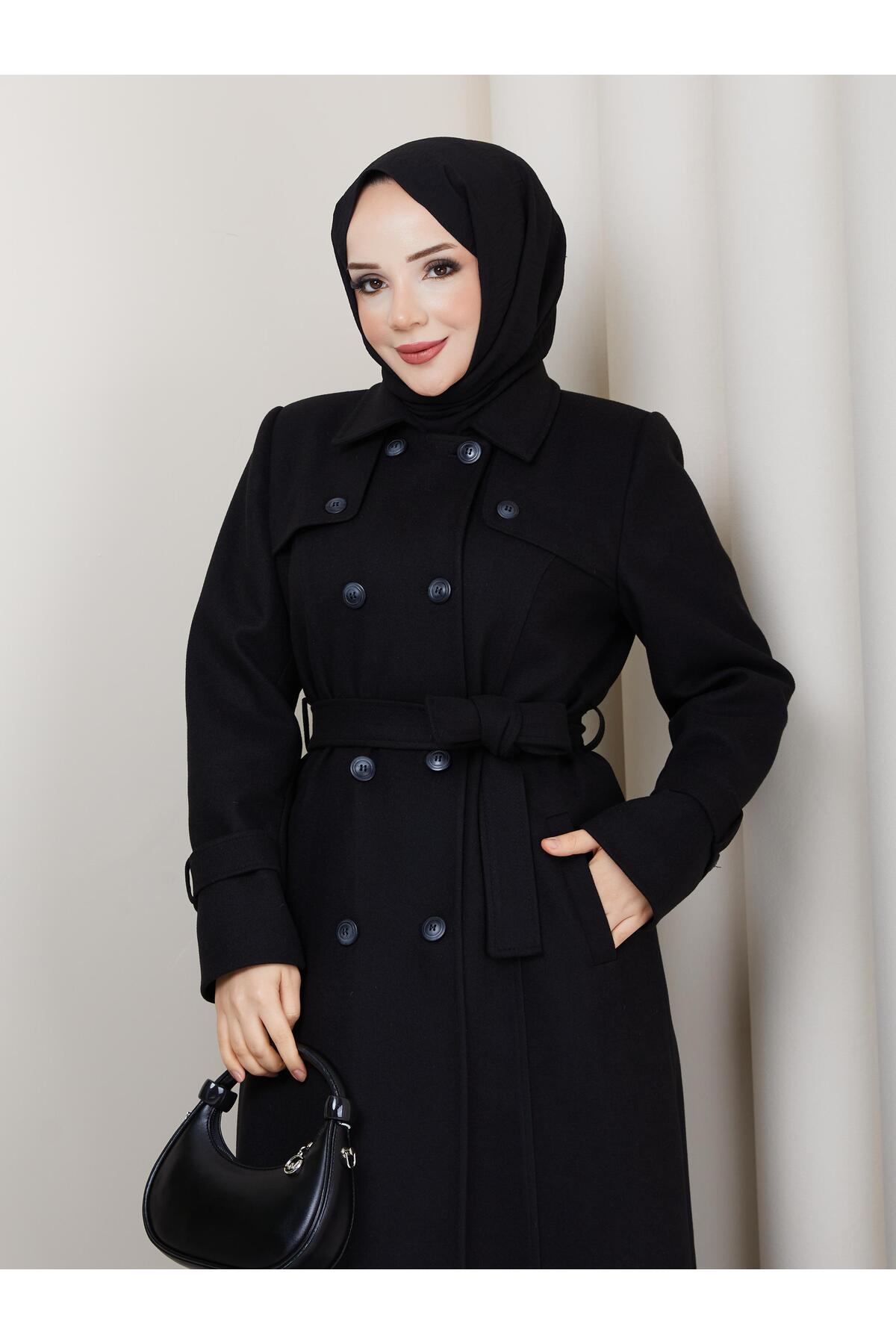 moda asmila Kruvaze Pelerin Detaylı Tam Boy Kaşe Manto görsel 5