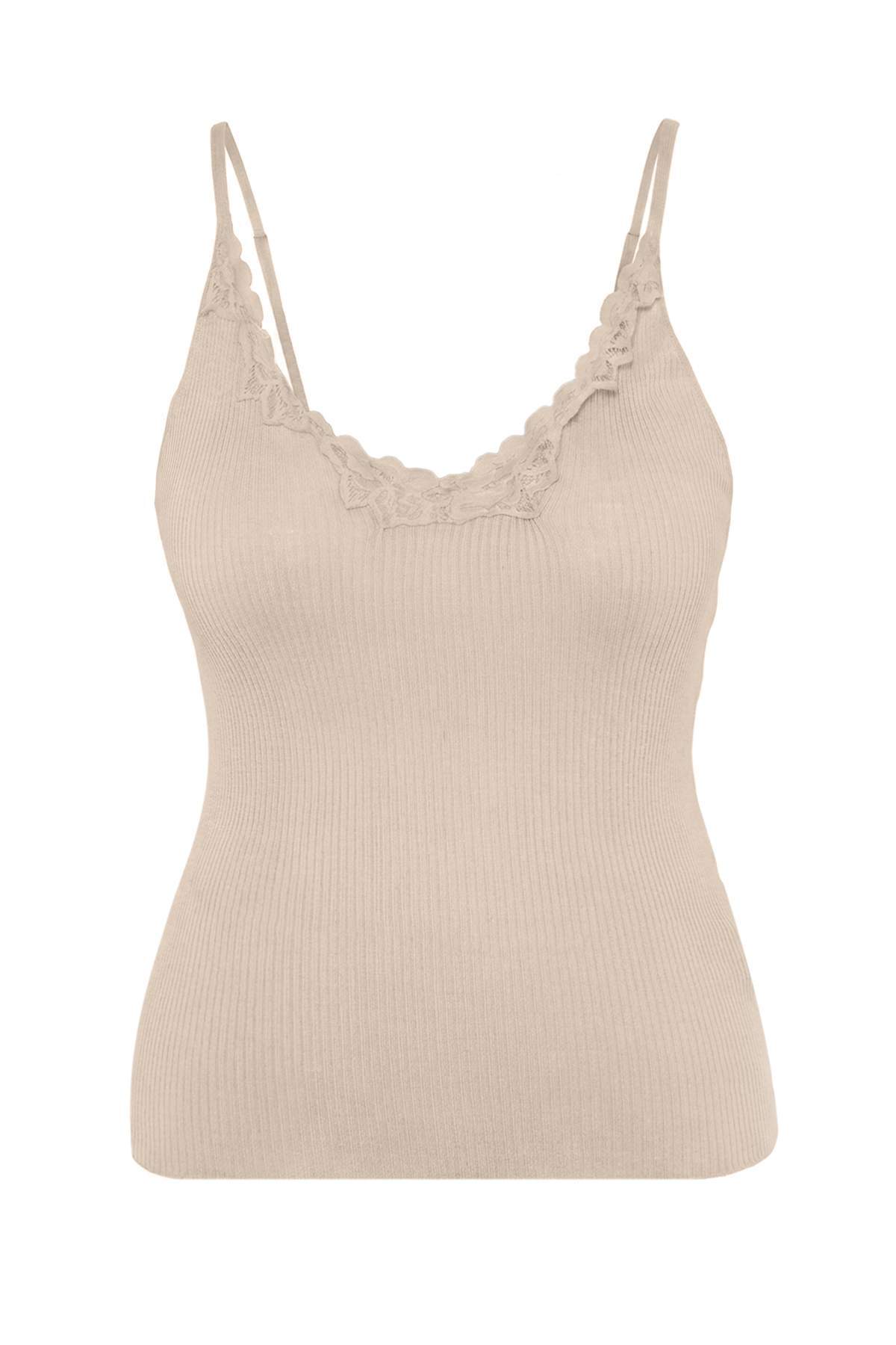 Trendyolmilla Curve Bej Özel İplik Dantel Detaylı Yazlık 2'li Triko Bluz-Hırka TBBSS26AV00003