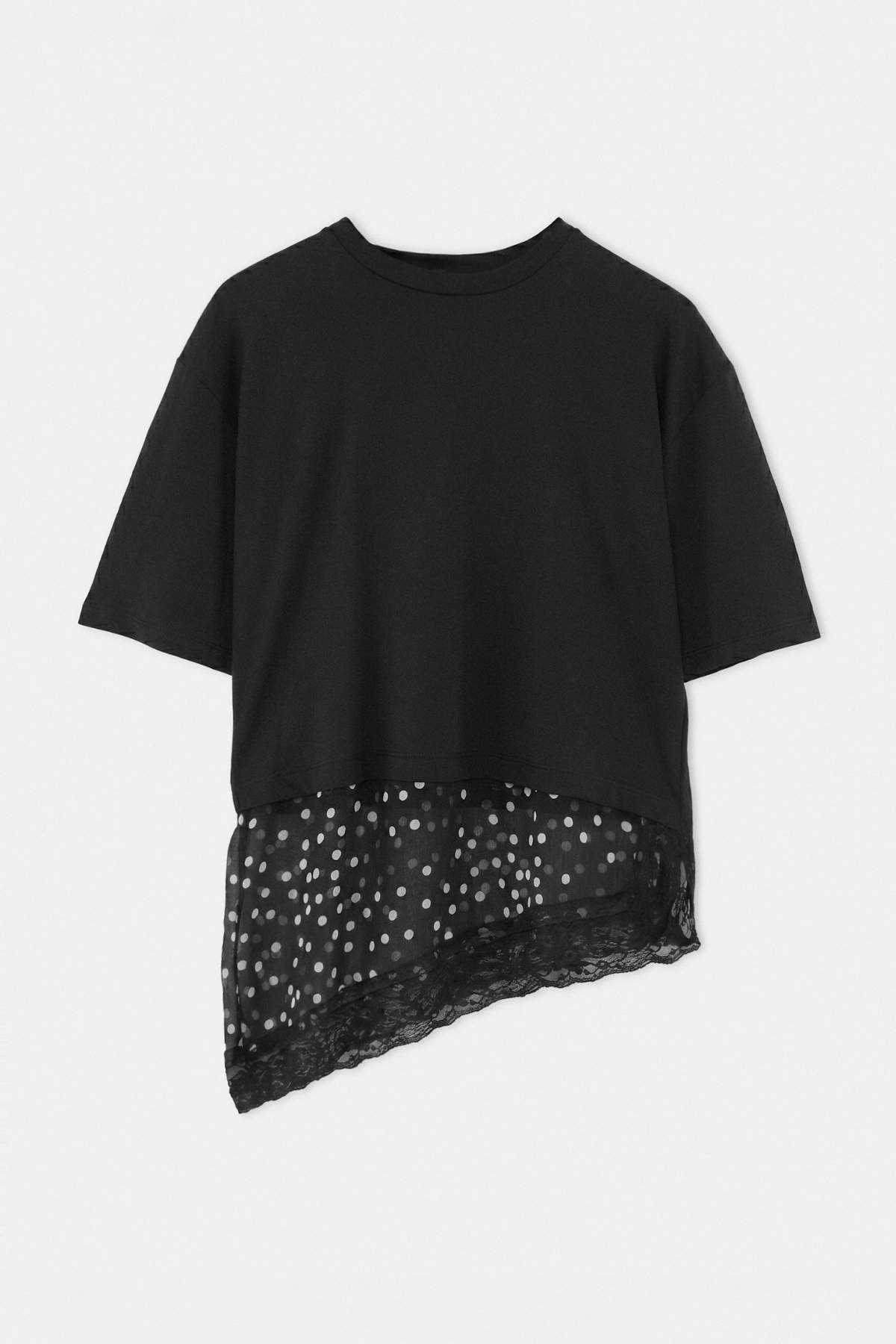 Trendyolmilla Siyah Düz Oversize/Geniş Kalıp Puantiyeli Dantel Detaylı Örme T-Shirt TWOSS26TS00337