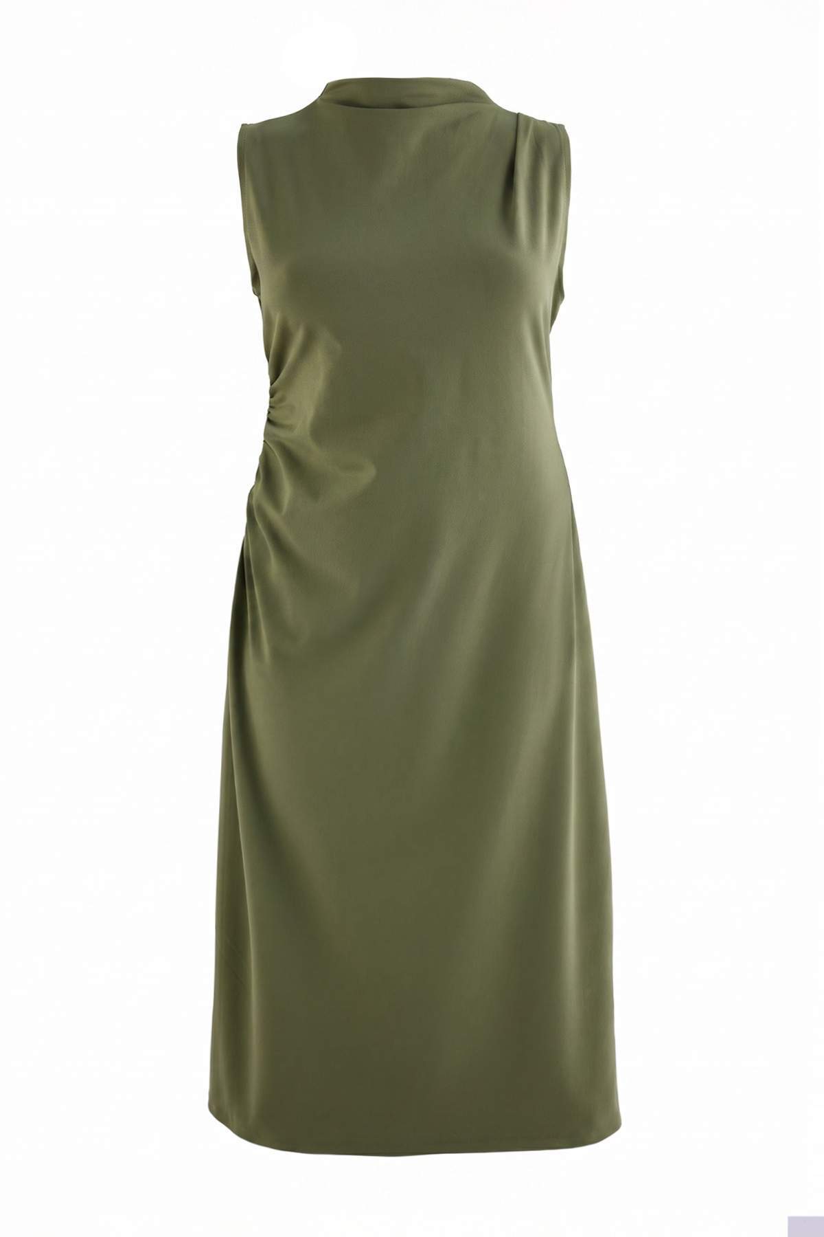 Trendyolmilla Curve Haki A-Kesim Asimetrik Kolsuz Büzgülü Midi Paper Touch Örme Büyük Beden ElbiseTBBSS26AH00300
