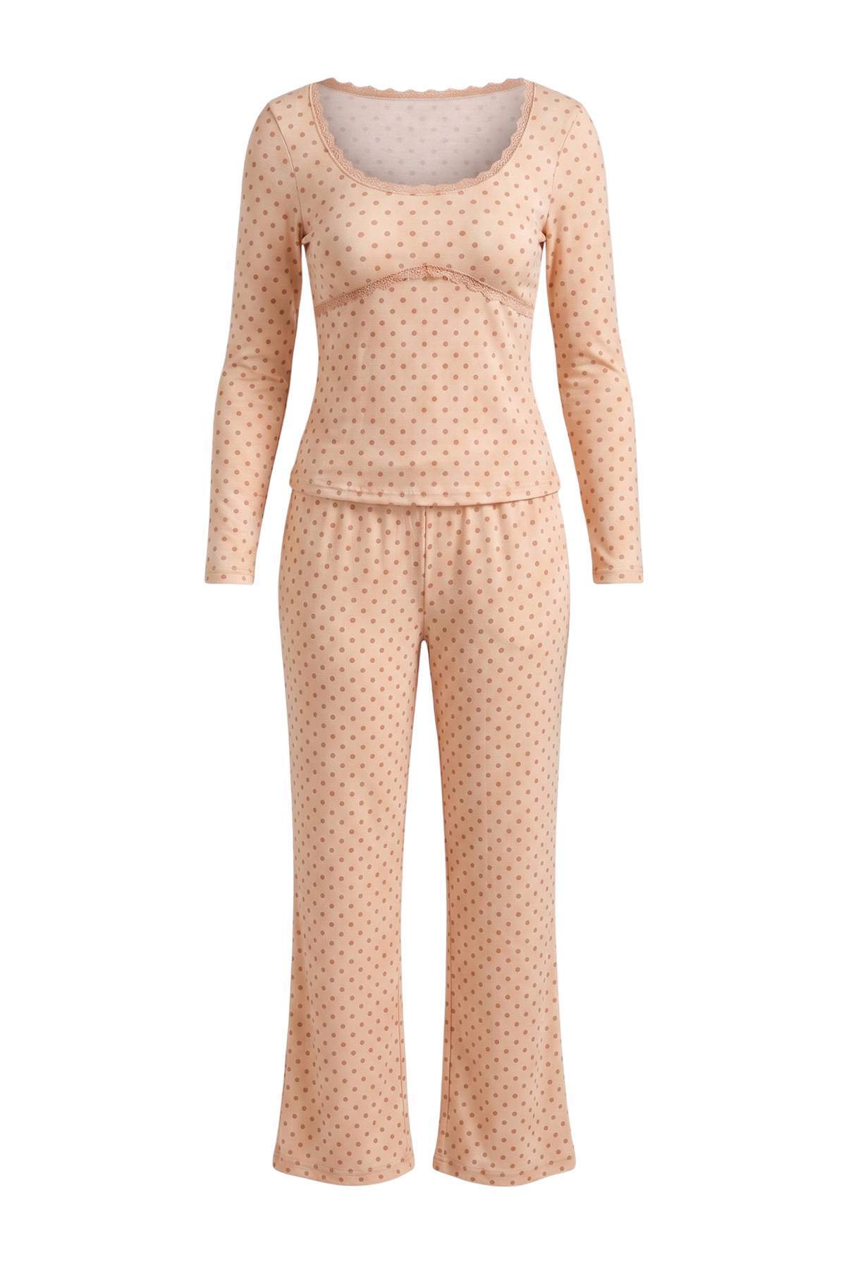 Trendyolmilla Kahverengi %100 Pamuklu Puantiyeli Dantel Detaylı Örme Pijama Takımı THMAW27PT00030