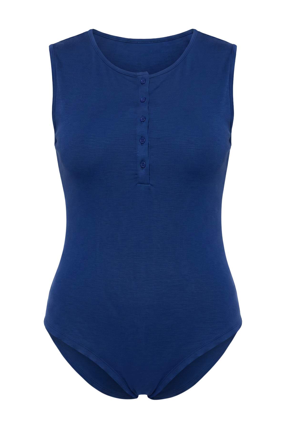 Trendyolmilla Curve Lacivert More Sustainable Bisiklet Yaka Yumuşak Tuşe Kolsuz Çıtçıtlı Body TBBAW27CS00004
