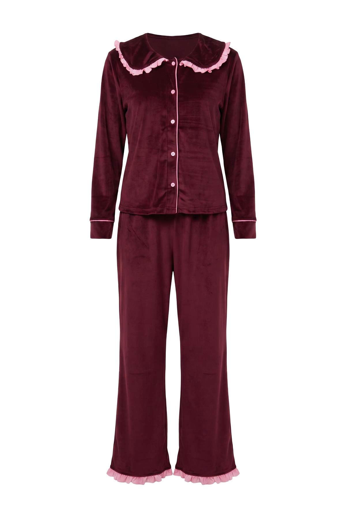 Trendyol Collection Burgundy Ruffle Trim and Collar Detailed Velvet Knitted Pajama Set Thmaw27Pt00088