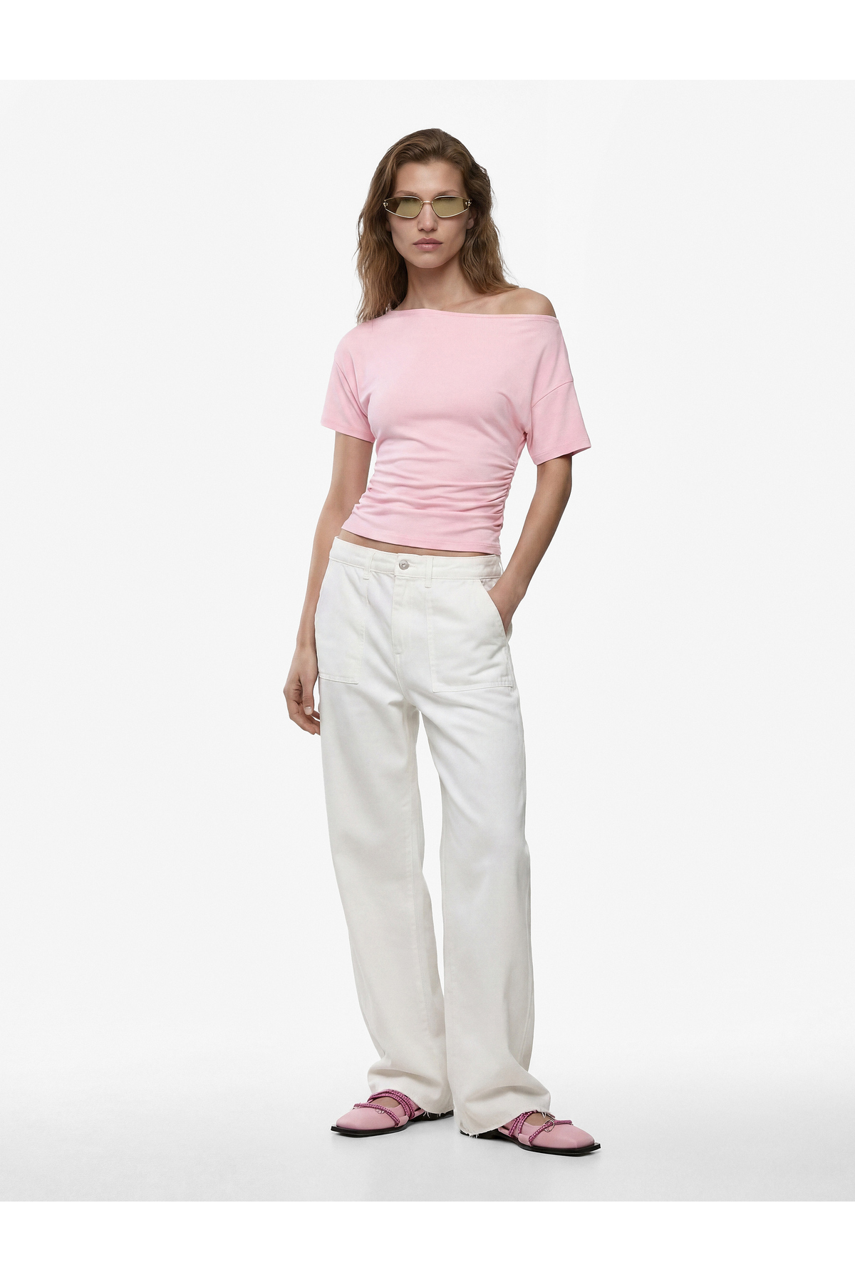Koton Slim Fit Drape Detailed Off-The-Shoulder Boat Neck T-Shirt