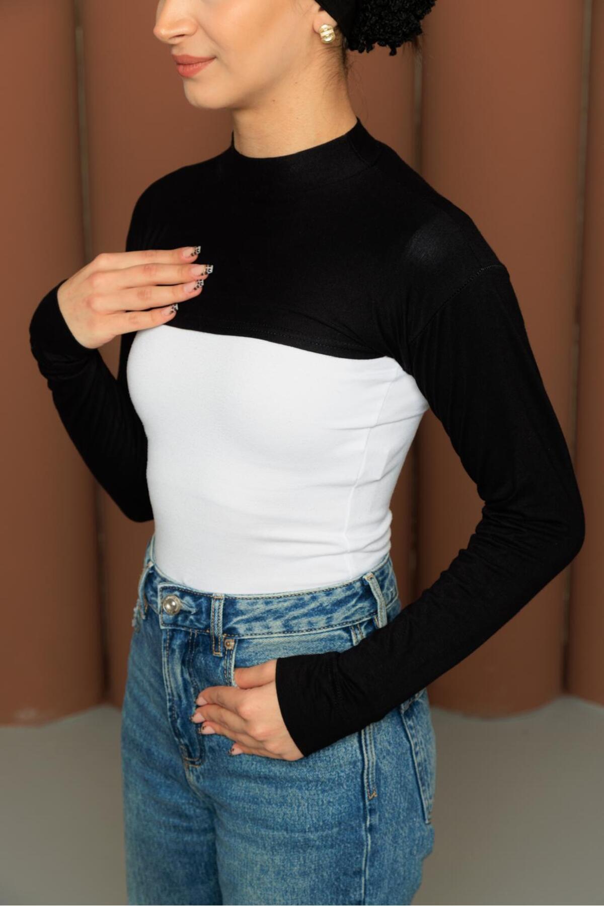 Modamelita Tesettür Boyunluklu Kolluk Balıkçı Yakalı Crop Siyah kolluk boyunluk bone görsel 5