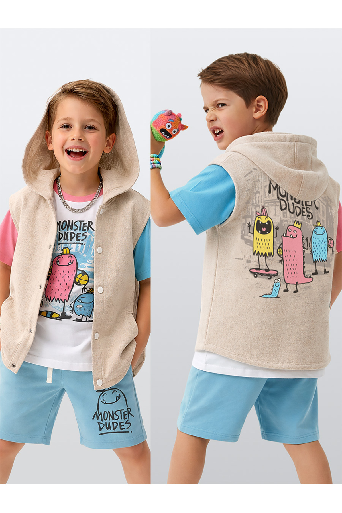 Boys Hooded Vest Linen Look Woven Fabric Monster Printed