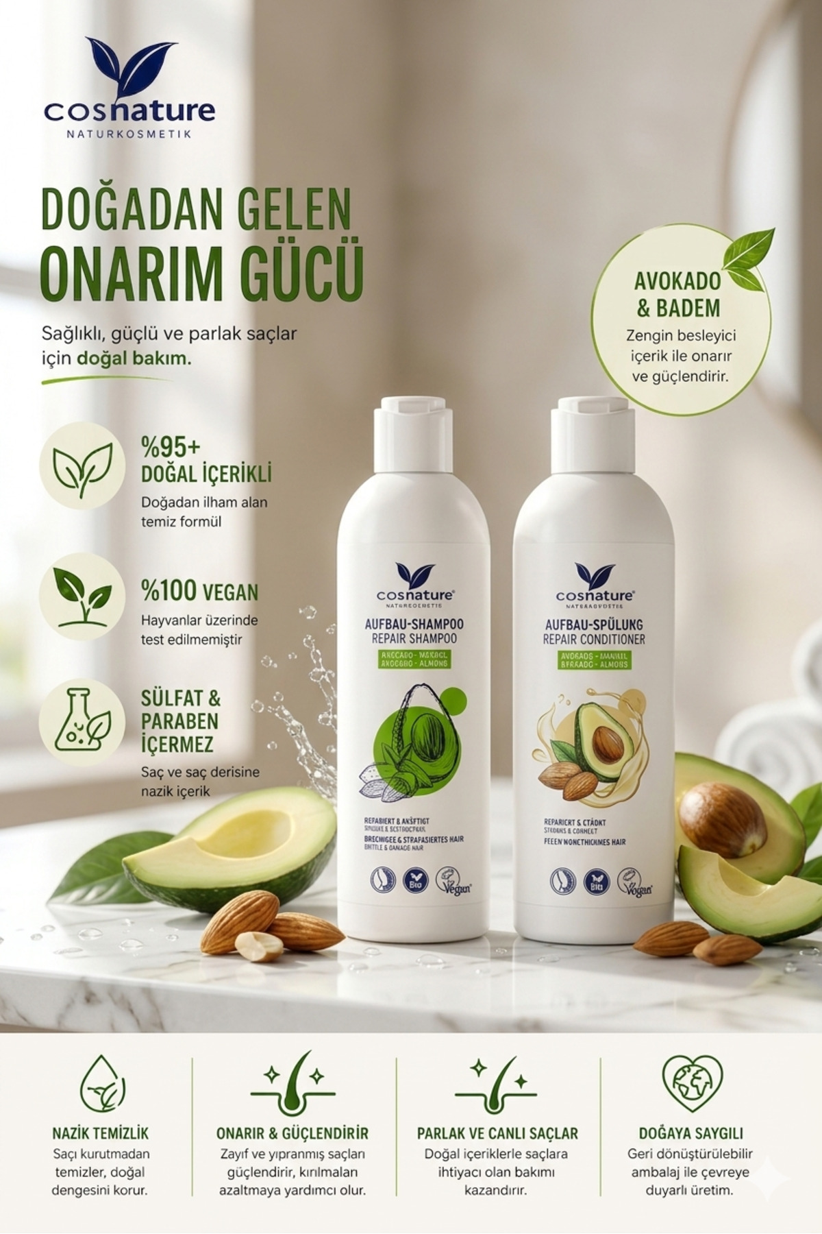 Cosnature Avokado & Badem Özlü Organik Vegan Şampuan ve Saç Kremi İkili Set | Yıpranmış Saçlar İçin Besleyici Onarıcı Bakım | Doğal Bitkisel İçerikli Saç Bakım Seti | Parlaklık ve Yumuşaklık Destekleyici — 42603704358571990