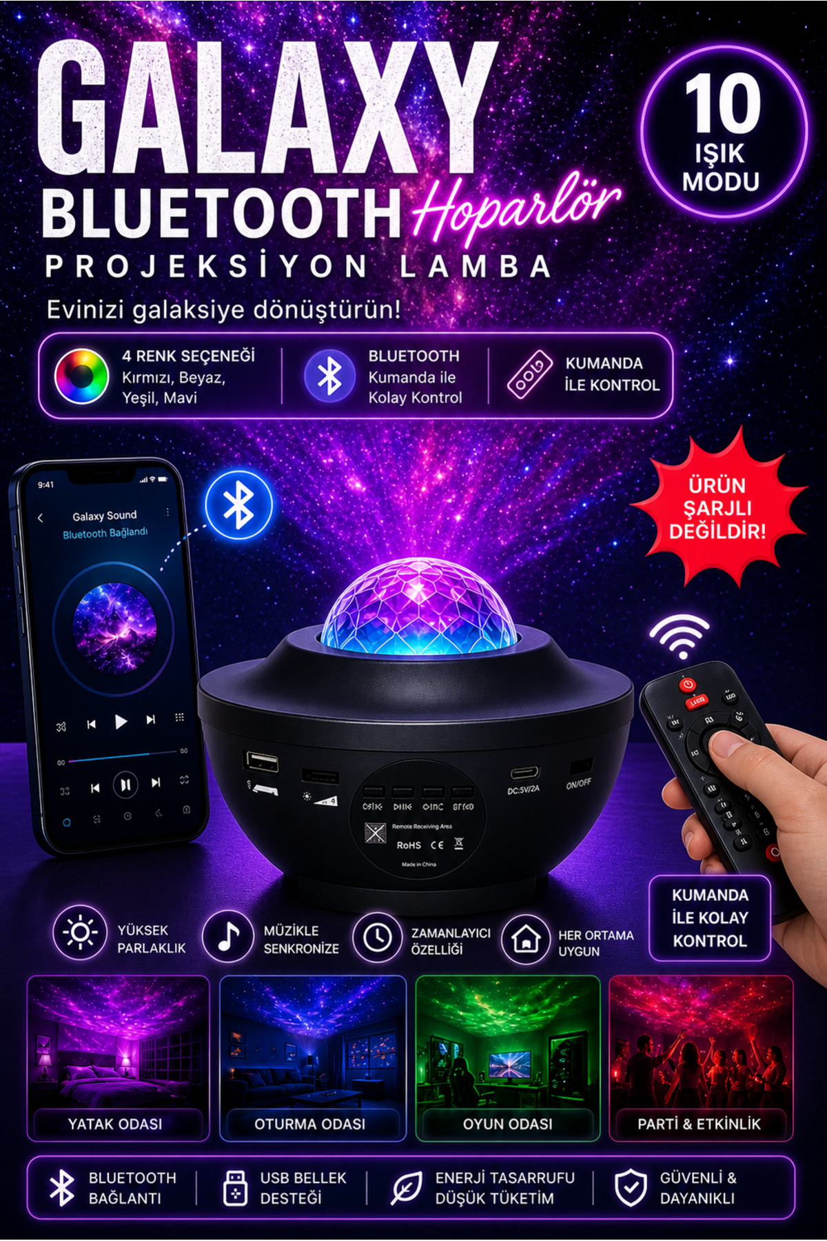 nextbuy Bluetooth Hoparlör Parti Led Gece Lambası Yıldızlı