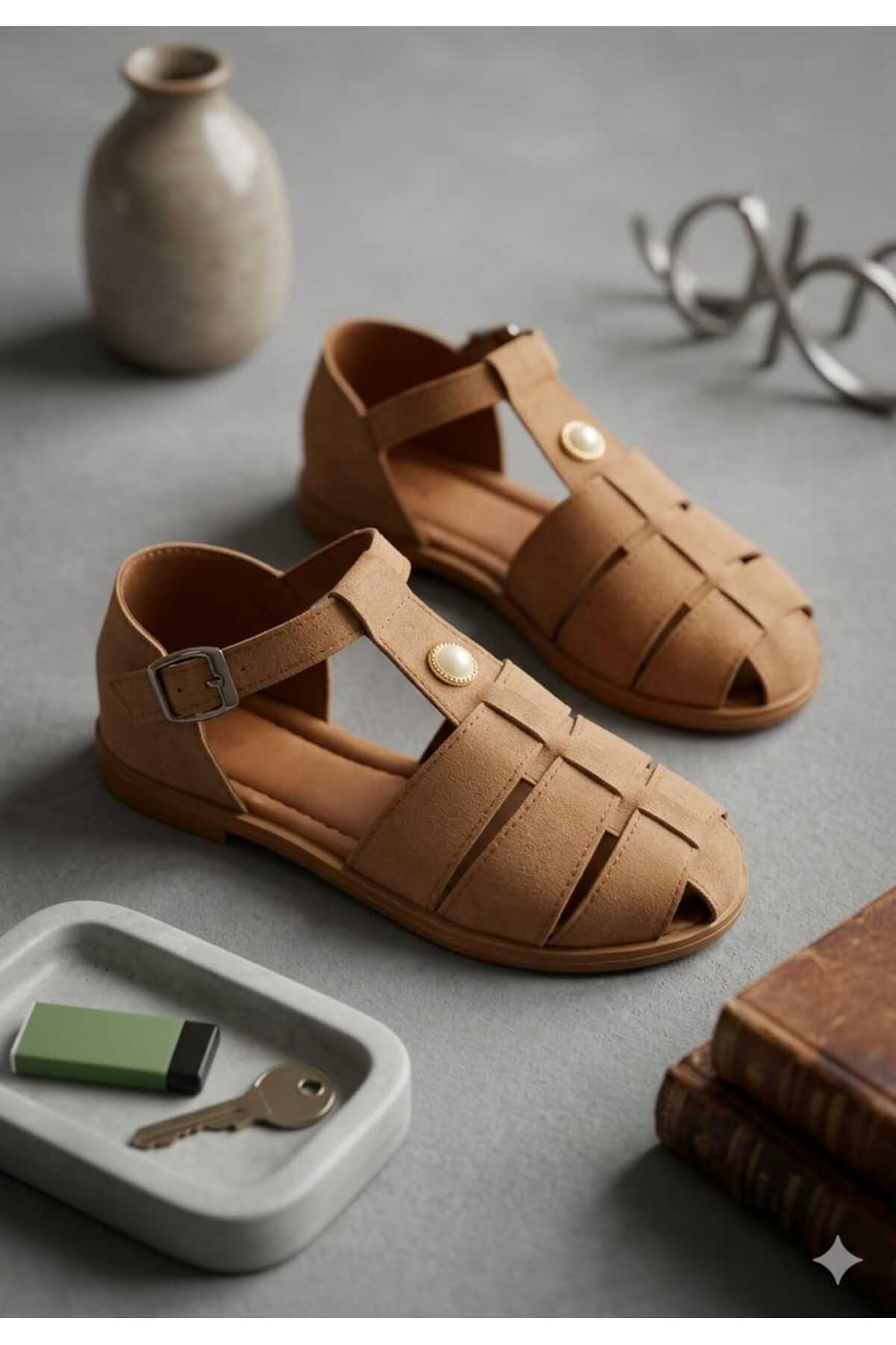 Women's First Tan Suede Flat Sole Buckle Detailed Sandals