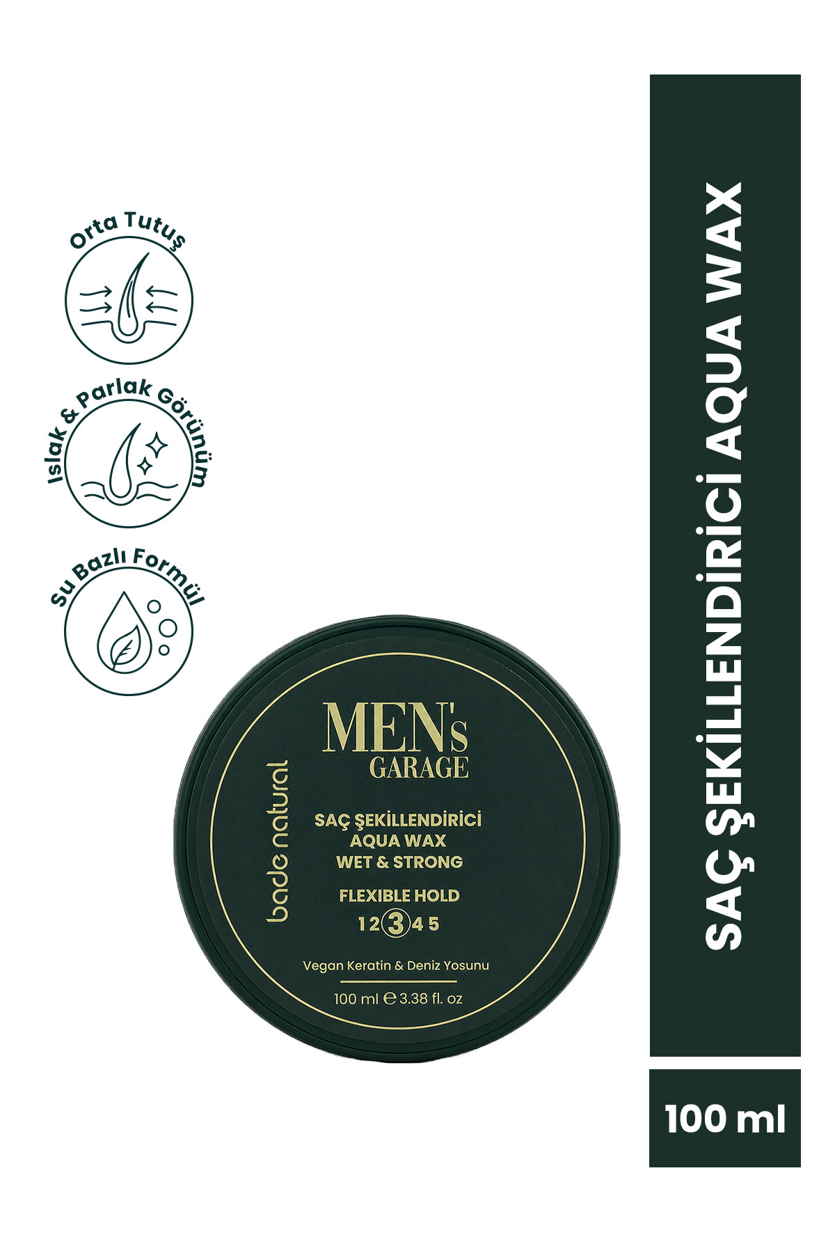 Bade Natural Men's Garage Saç Şekillendirici Aqua Wax - Orta Tutuş, Islak ve Parlak Görünüm, Vegan, Su Bazlı 100 ml — BN.0477