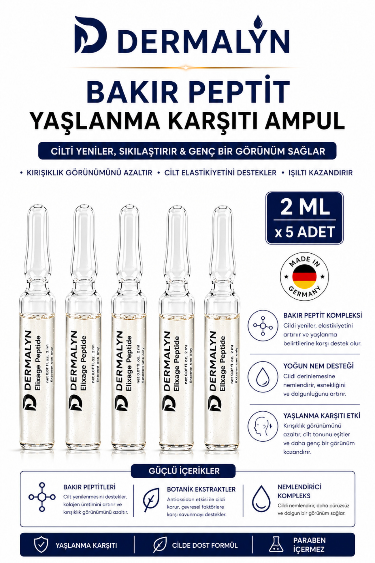 5 Adet Bakır Peptit Yaşlanma Karşıtı Sıkılaştırıcı Kolajen Destekleyici Ampul Serum Dermaroller — ELİX-5