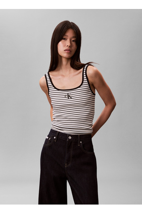 Calvin Klein Jeans Siyah - Beyaz Kadın Çizgili Atlet STRIPED MONOLOGO SCOOP N...