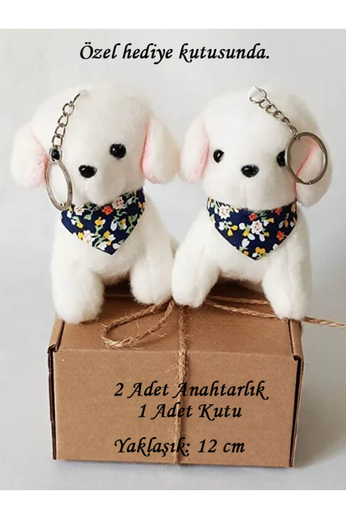 2Pcs White Plush Toy Keychain with Kraft Box Dog Key Ring Scarf 12cm - Birthday-Bag Ornament