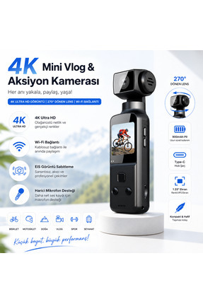 TARÇIN 4K Ultra HD Mini Aksiyon Kamerası | Wi-Fi , 270° Döner Lens, EIS Stabi...