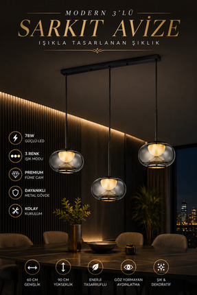 Elvora Home Modern (PREMİUM) Füme Cam 3lü Sarkıt Avize 3 Renk LED Salon Aydın...